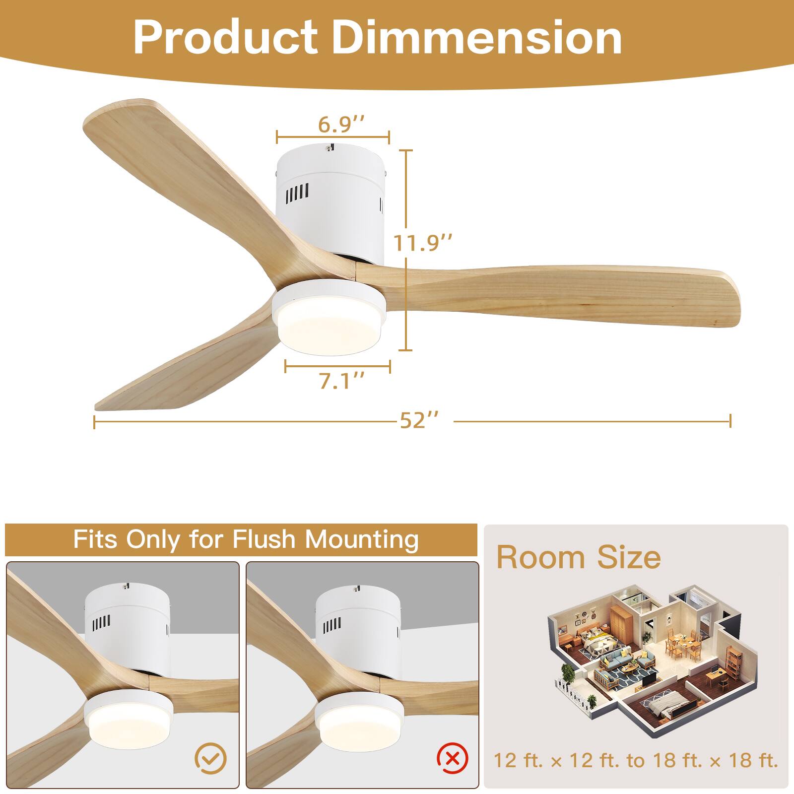 Product Dimension: 6.9" x 11.9" x 7.1" x 52"  
Fits Only for Flush Mounting  
Room Size: 12 ft. x 12 ft. to 18 ft. x 18 ft.