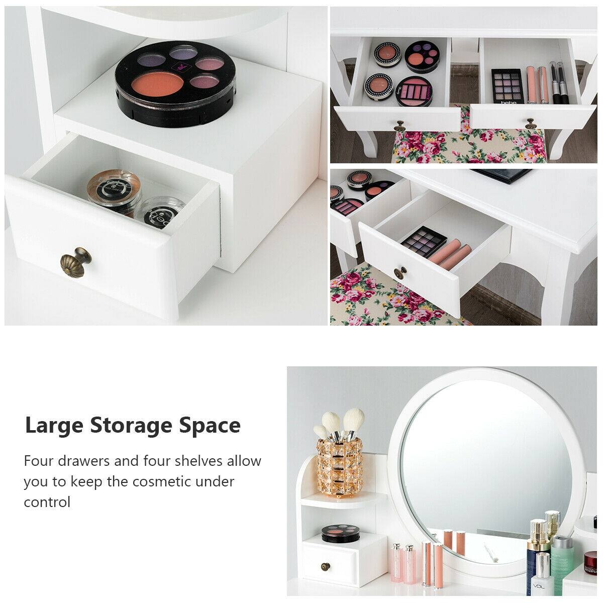 Large Storage Space
Four drawers and four shelves allow you to keep the cosmetic under control