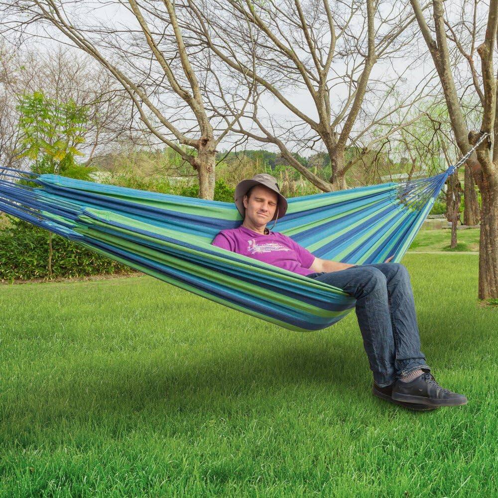 Alt View 5. Winado - 12 FT Double Hammock Extra Long and Wide with Rope, Carrying Bag for Travel Camping, Backyard, Porch, Outdoor, Indoor - Blue & Green Stripe.