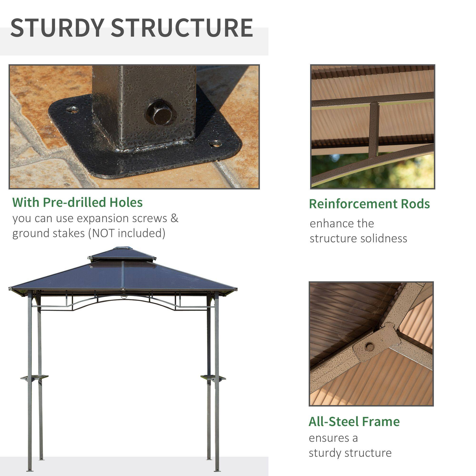 STURDY STRUCTURE

With Pre-drilled Holes you can use expansion screws & ground stakes (NOT included)

Reinforcement Rods enhance the structure solidness

All-Steel Frame ensures a sturdy structure