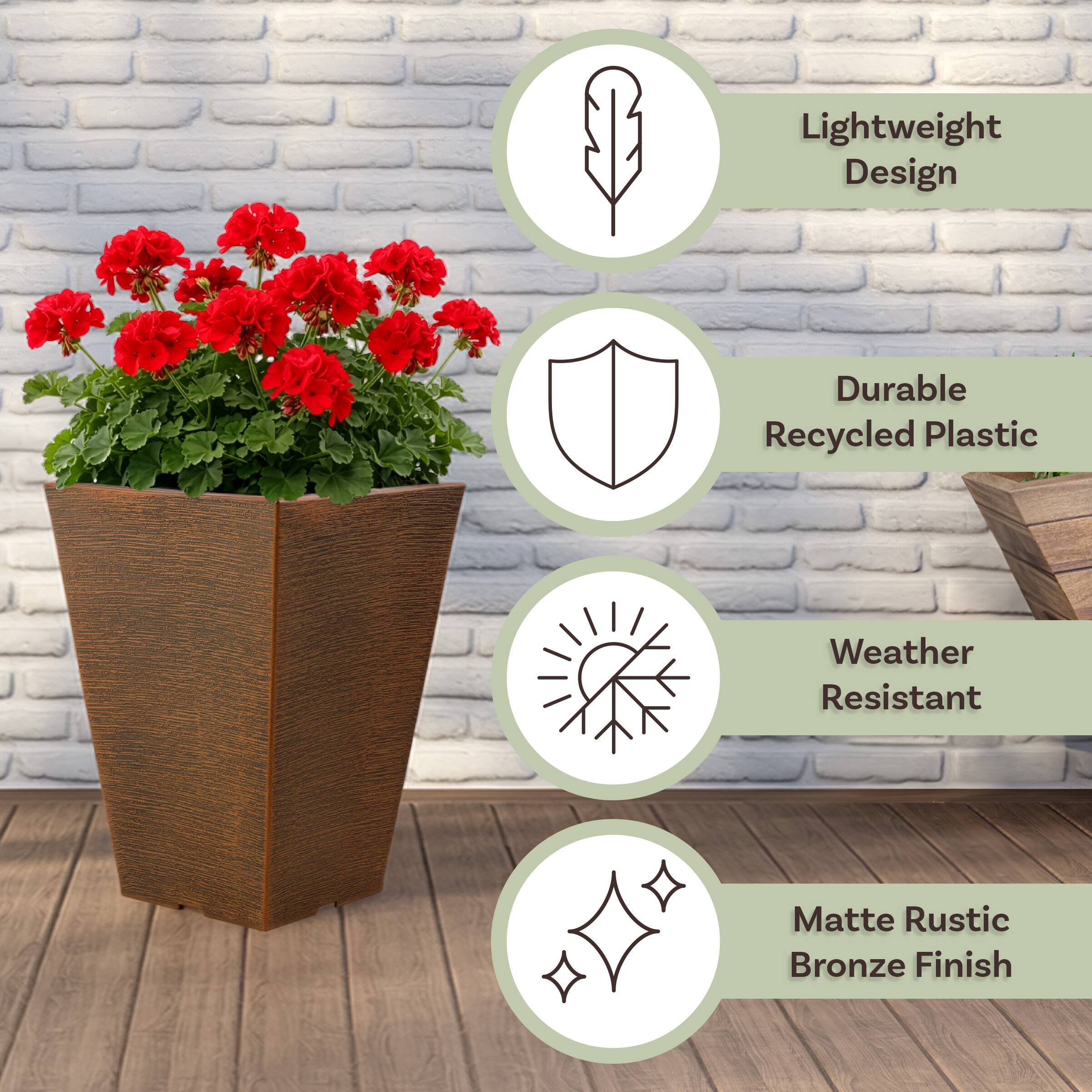 - Lightweight Design
- Durable Recycled Plastic
- Weather Resistant
- Matte Rustic Bronze Finish