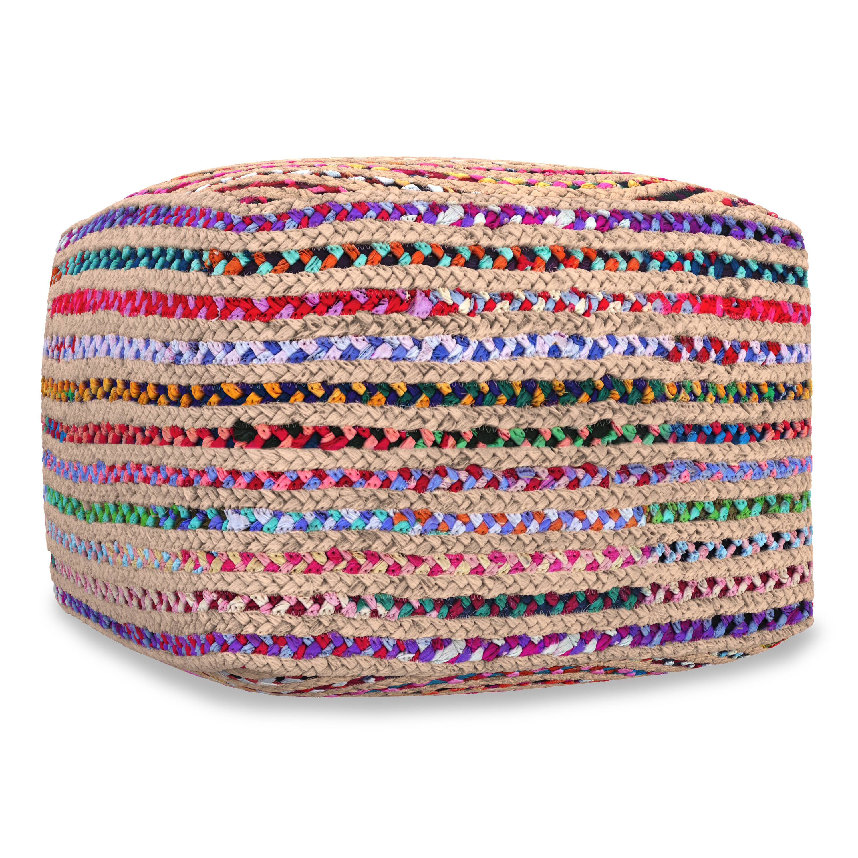 Alt View 1. Simpli Home - Margo 20 inch Wide Boho Pouf in Multicolor Natural Jute/Cotton Chindi, Assembled - Multi Color.