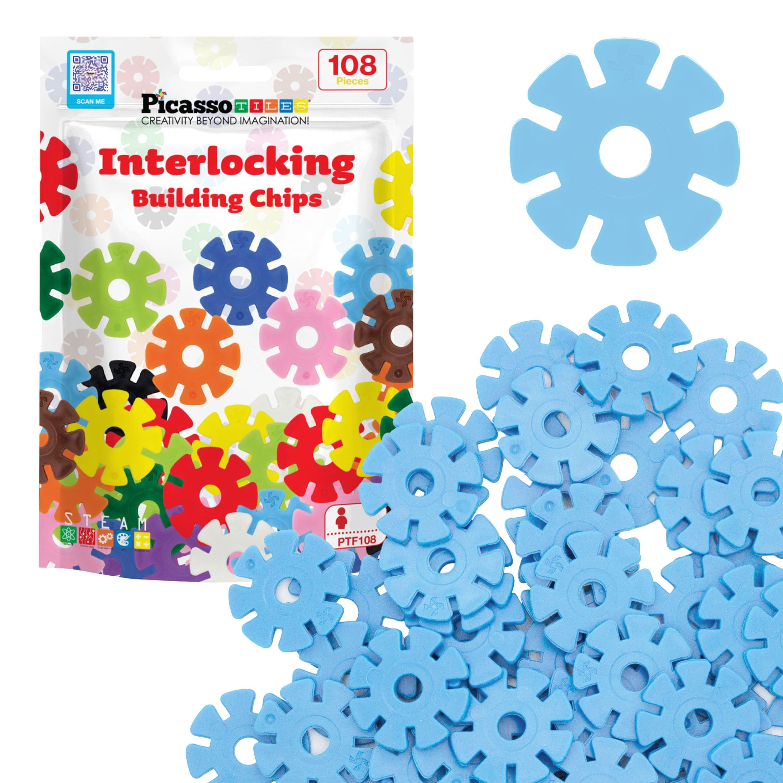 PicassoTiles - 108 PC Light Blue Interlocking Plastic Disc, Building Chip Blocks Toy Set for Kids 3+