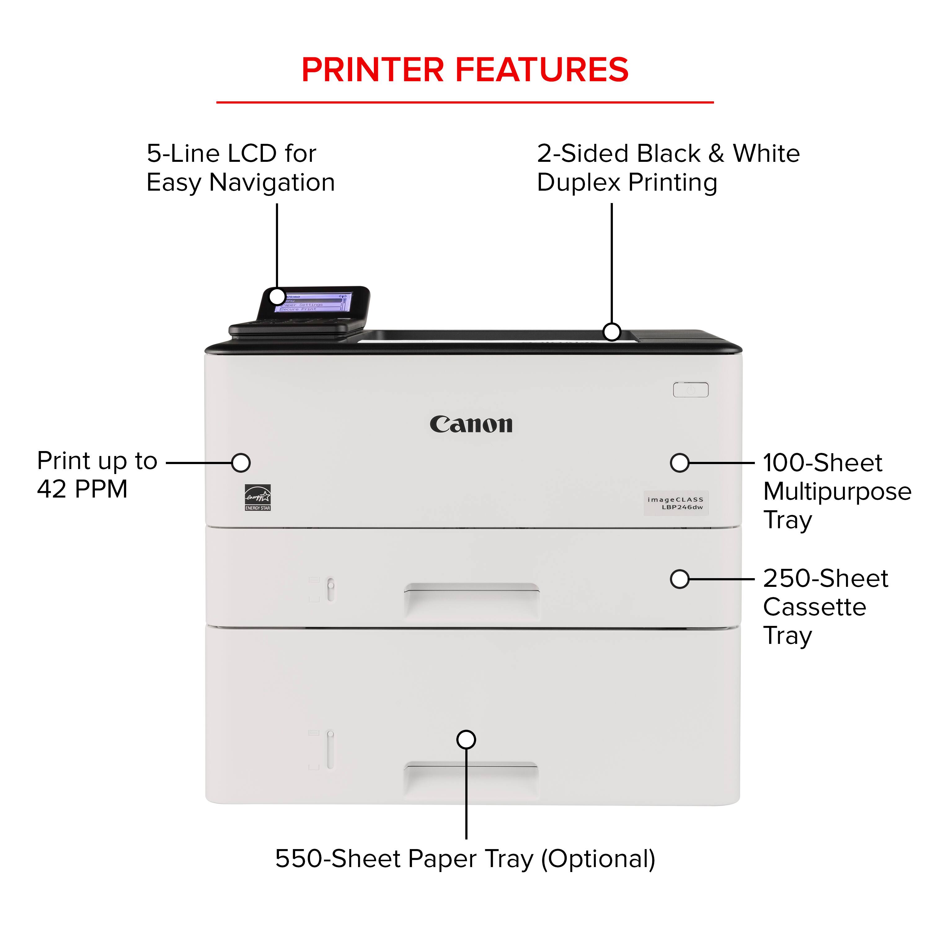 Printer Features:

1. 5-Line LCD for Easy Navigation
2. 2-Sided Black & White Duplex Printing
3. Print up to 42 PPM: Canon ImagreLass LEP255d
4. 100-Sheet Multipurpose Tray
5. 250-Sheet Cassette Tray
6. 550-Sheet Paper Tray (Optional)