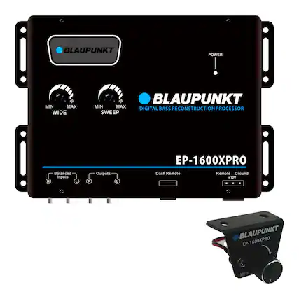 BLAUPUNKT POWER
BLAUPUNKT MIN MAX MIN MAX RECONSTRUCTION DIGITAL BASS PROCESSOR WIDE SWEEP R Balanced inputs L R Outputs L Dash Remote EP-1600XPRO Remote +12V Ground i BLAUPUNKT EP-1600XPRO MIN