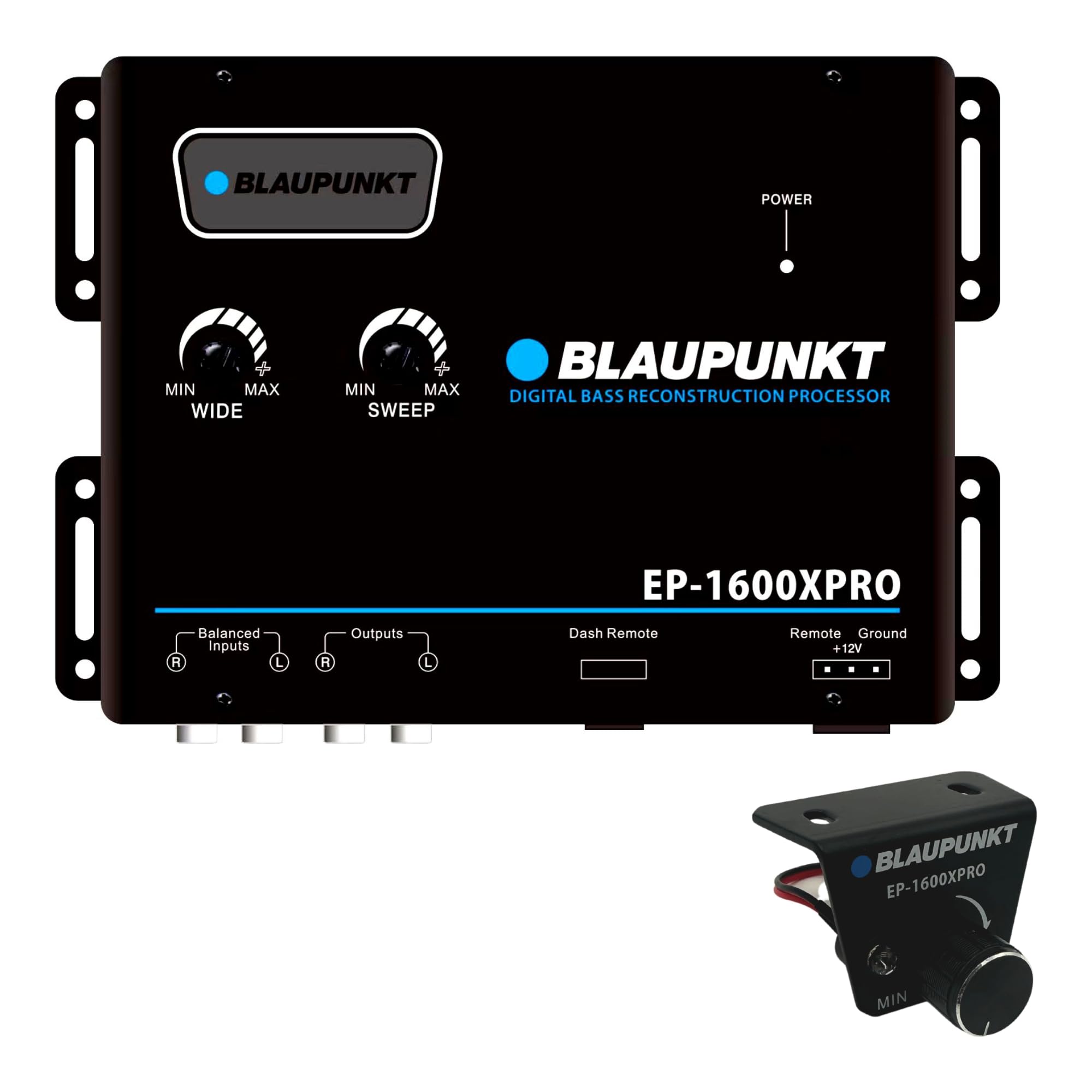 BLAUPUNKT POWER  
BLAUPUNKT MIN MAX MIN MAX RECONSTRUCTION DIGITAL BASS PROCESSOR WIDE SWEEP R Balanced inputs L R Outputs L Dash Remote EP-1600XPRO Remote +12V Ground i BLAUPUNKT EP-1600XPRO MIN
