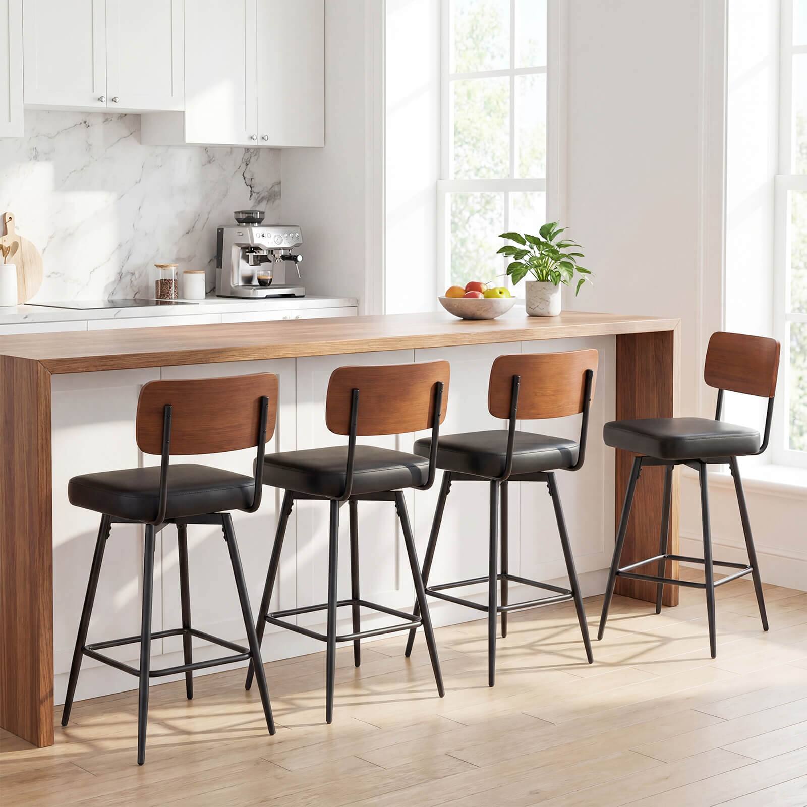 Alt View 1. Costway - Costway 27" Padded Counter Barstools Set of 4 with Wooden Backrest & Metal Legs, Footrest - Black.