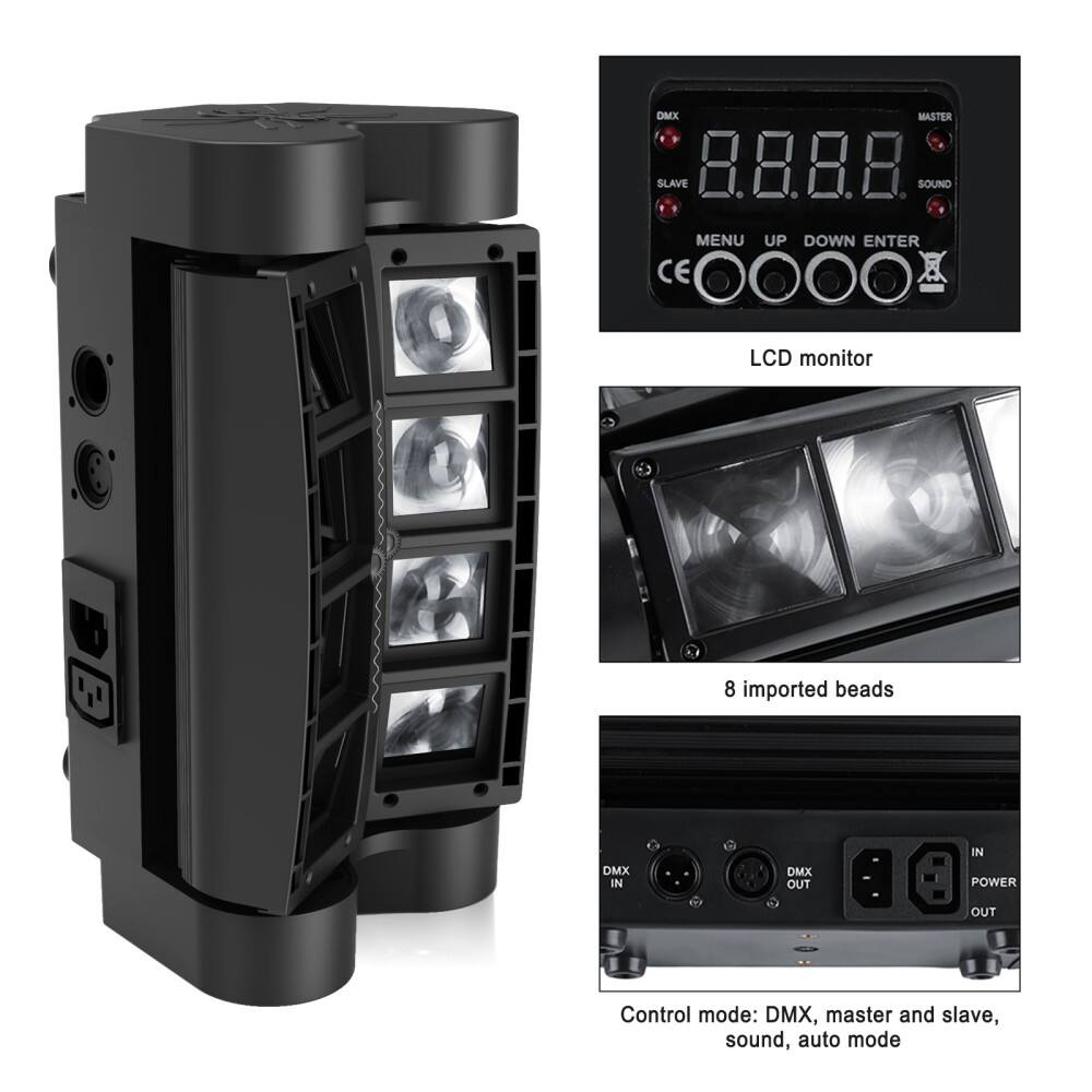 DMX MASTER SLAVE  
8.8.8.8  
SOUND  
MENU UP DOWN ENTER  
CE  
LCD monitor  
8 imported beads  
DMX IN DMX OUT  
POWER OUT  
Control mode: DMX, master and slave, sound, auto mode