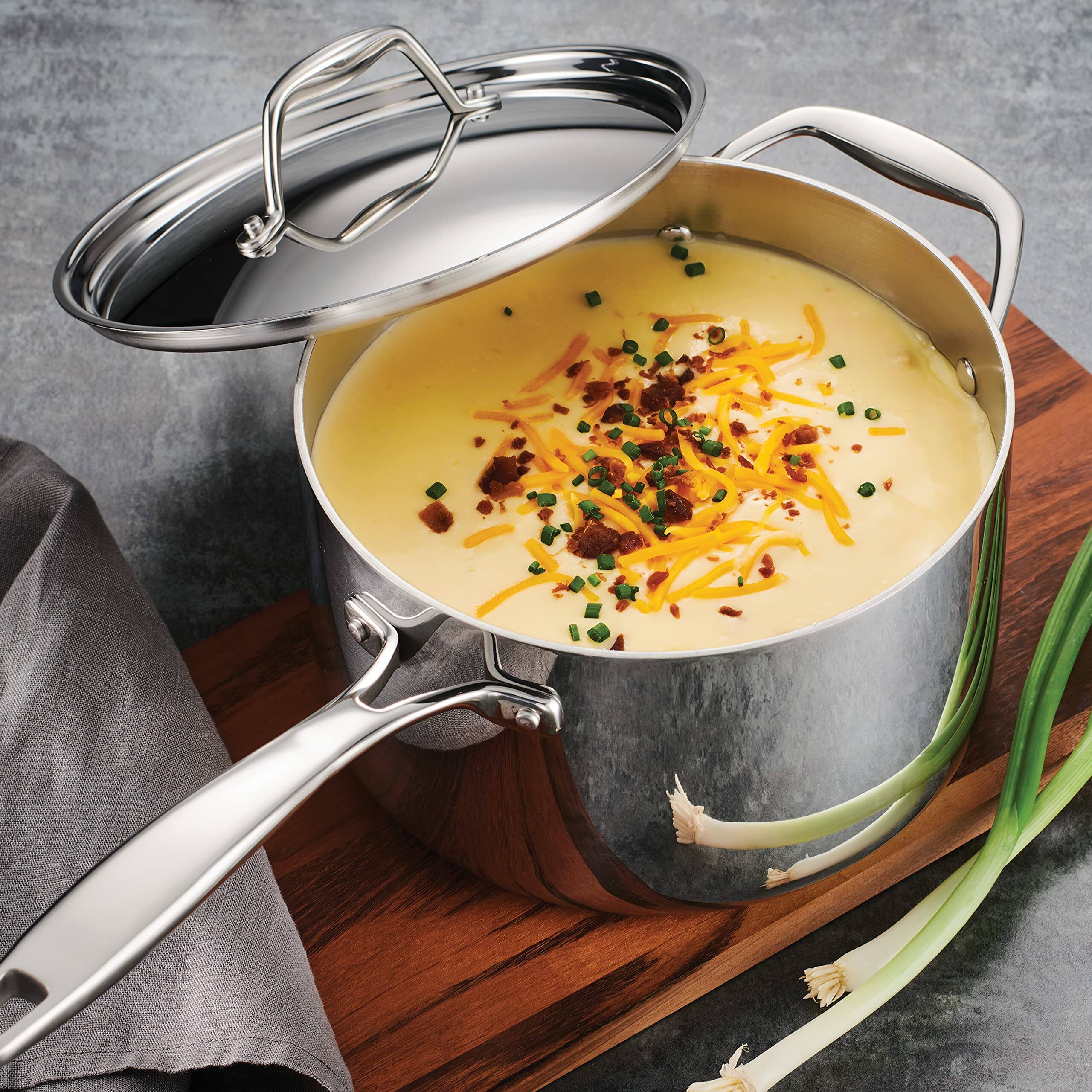 Left. Tramontina - Tramontina Tri-Ply Clad Stainless Steel 4-Quart Sauce Pan with Lid, Induction-Ready - silver.