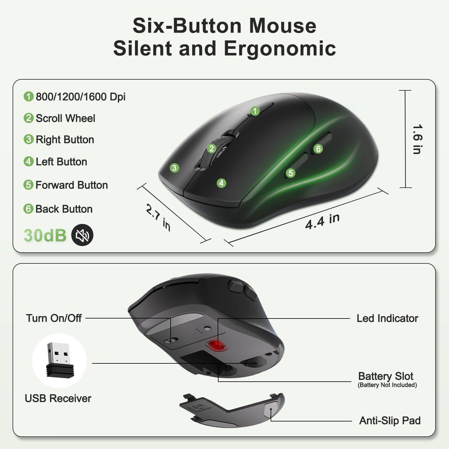 Six-Button Mouse Silent and Ergonomic  
1. 800/1200/1600 Dpi  
2. Scroll Wheel  
3. Right Button  
4. Left Button  
5. Forward Button  
6. Back Button  
1.6 in x 2.7 in x 4.4 in  
30dB  
Turn On/Off Led Indicator  
USB Receiver  
Battery Slot (Battery Not Included)  
Anti-Slip Pad