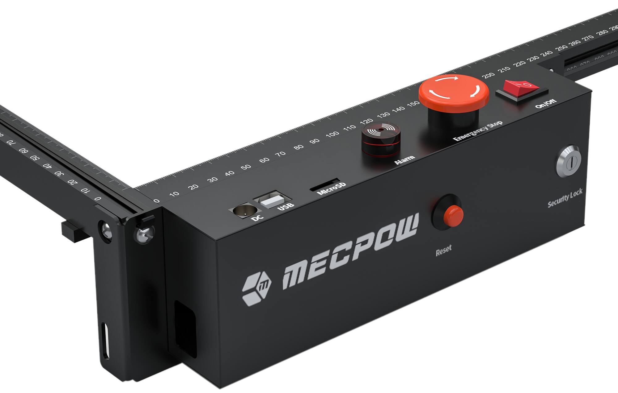 The text on the image is grouped and corrected as follows:

1. 2S 280 270 280 250 240 non 230 0n 220 CA 210 o 200 b 70 09 50 40 OE 20 10 O O 10 20 150 140 130 120 Stop 110 90 100 Emergency 80 70 60 Alara 50 40 30 MicroSD USB DC MECPOW Reset m on/On Lock Security