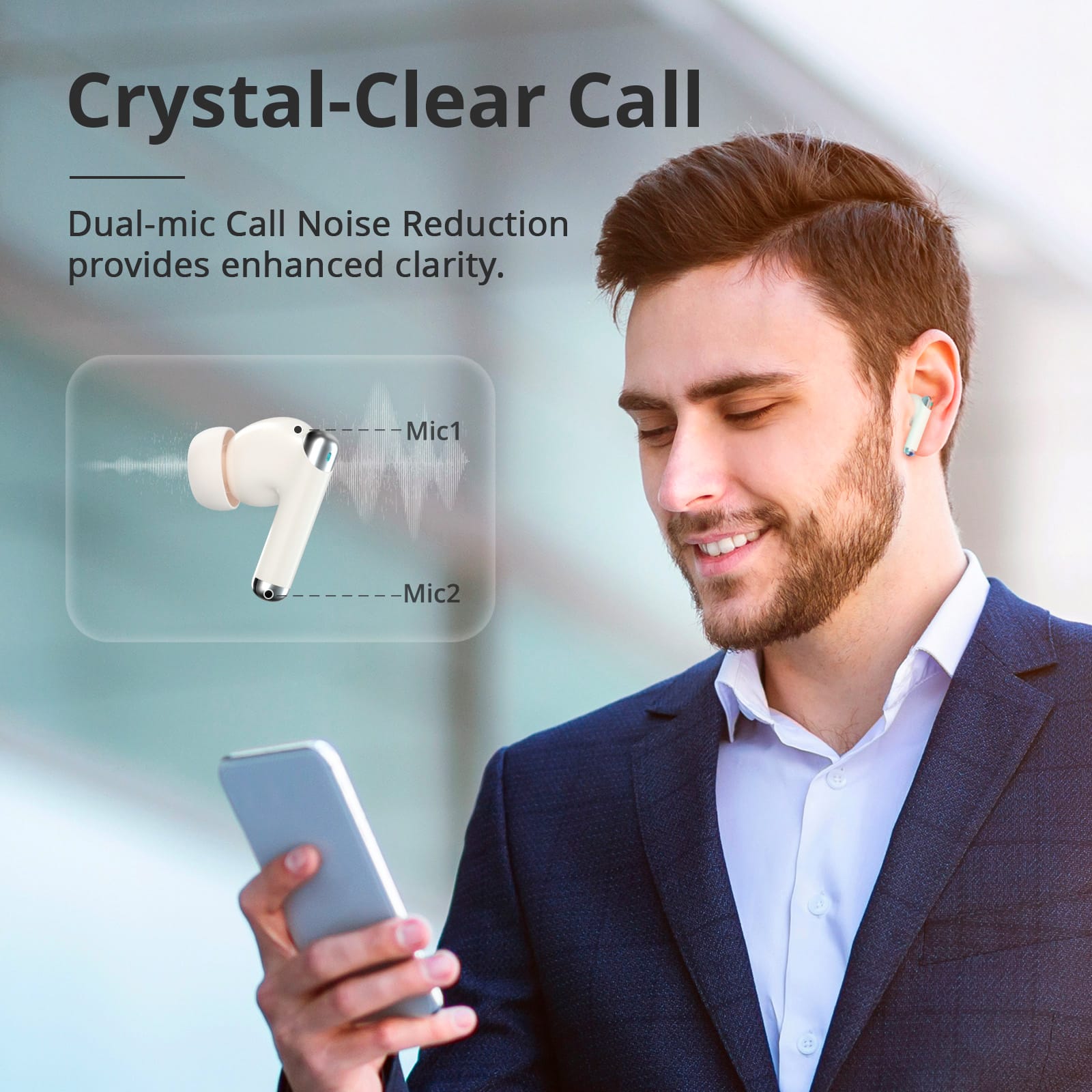 Crystal-Clear Call Dual-mic Call Noise Reduction provides enhanced clarity. Mic1 and Mic2.