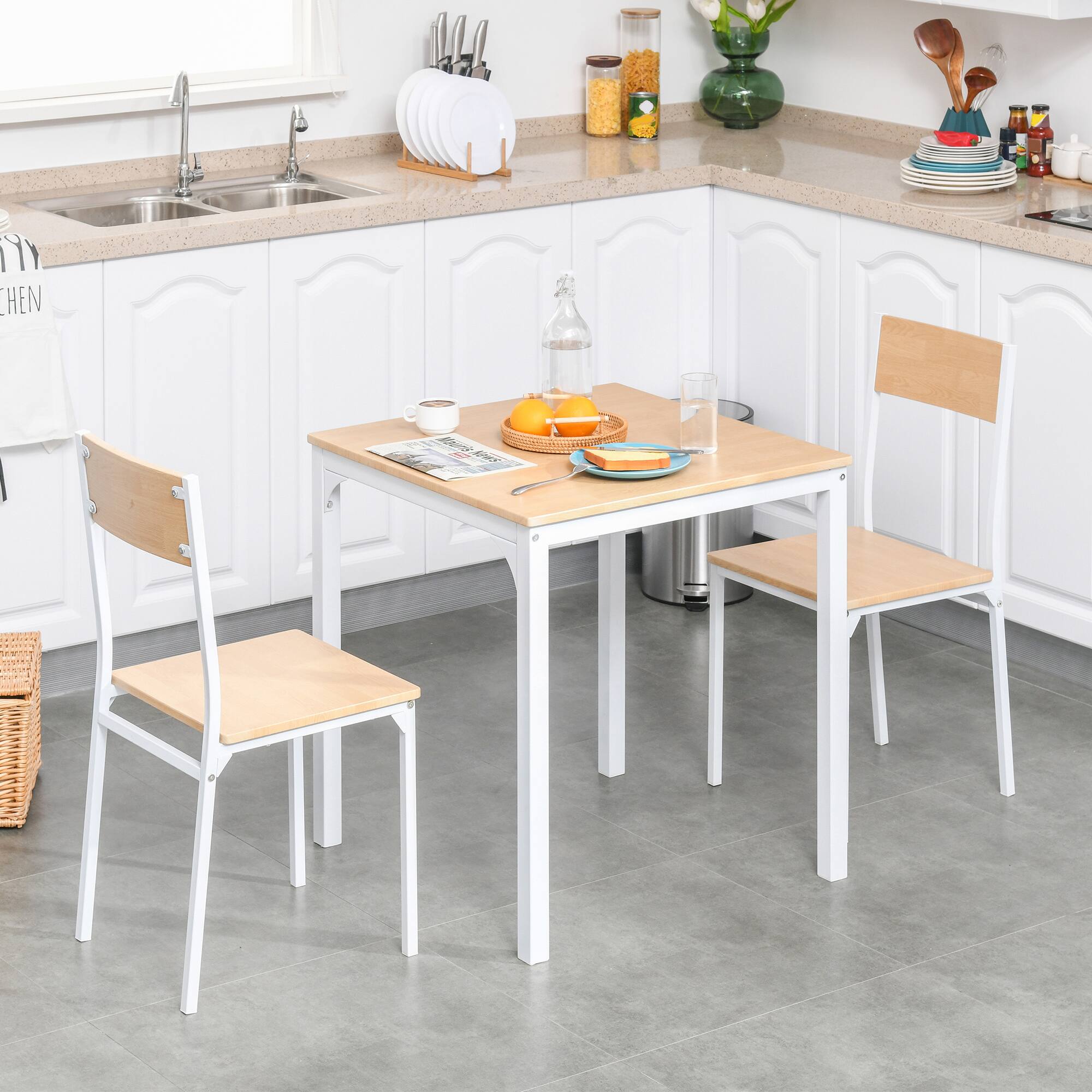 Alt View 7. Homcom - Wooden Square Dining Table Set with 1 Table and 2 Chairs and Sturdy Metal Frame for Small Space - White.
