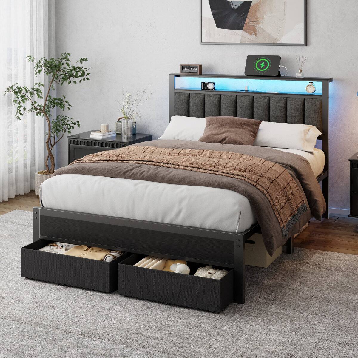 Alt View 1. Furnulem - Upholstered Bed Frame with 2 Storage Drawers Modern Platform Bed with Charging Station & LED Light - Black.
