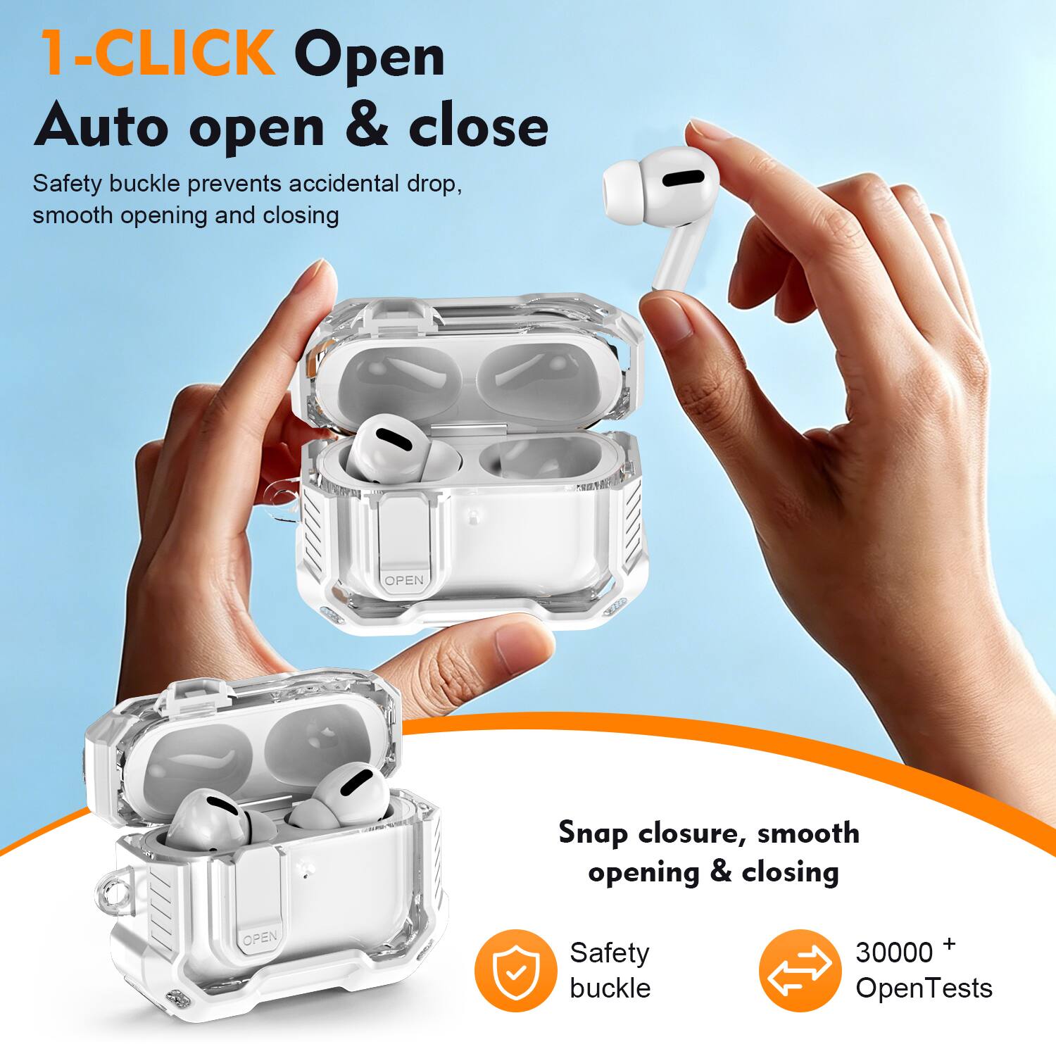 1-CLICK Open  
Auto open & close  
Safety buckle prevents accidental drop, smooth opening and closing  

Snap closure, smooth opening & closing  

Safety buckle  
30000+ OpenTests