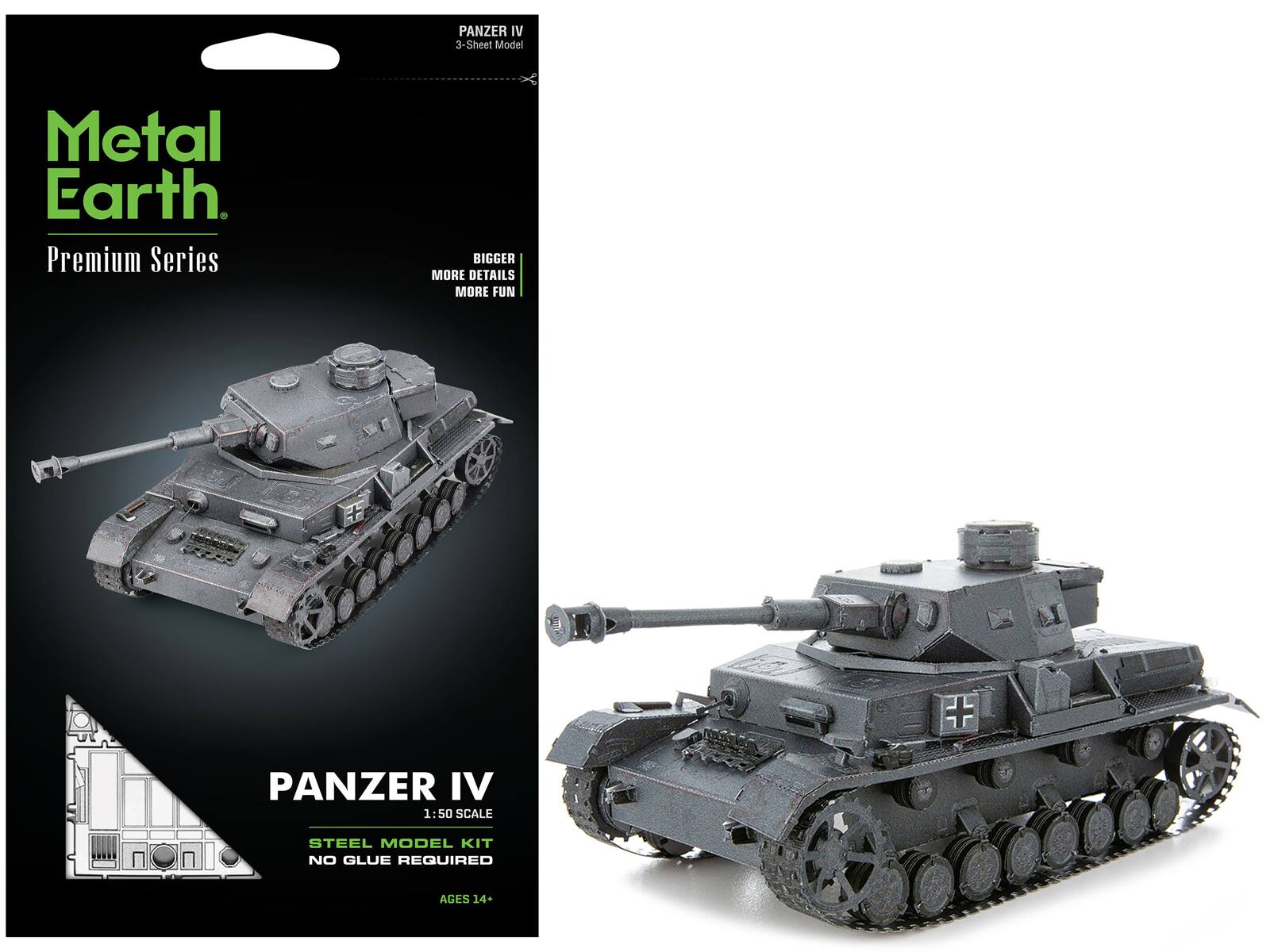 Metal Earth
Premium Series
PANZER IV
3-Sheet Model
BIGGER
MORE DETAILS
MORE FUN
PANZER IV
1:50 SCALE
STEEL MODEL KIT
NO GLUE REQUIRED
AGES 14+