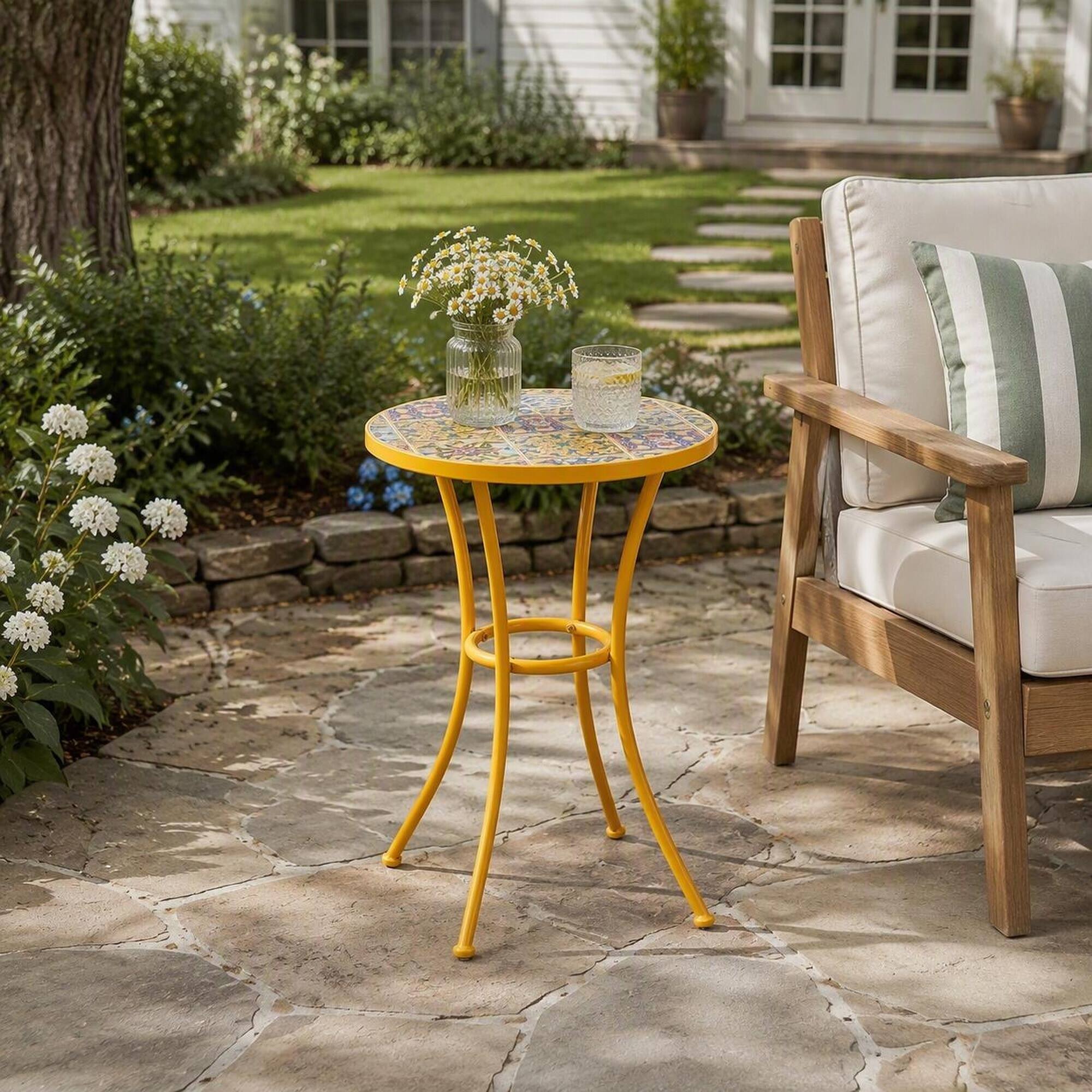 Angle. RYHNUYNE - Sunny Yellow Mosaic Tile Outdoor Side Table with Powder-Coated Iron Legs for Patio Balcony - Yellow.