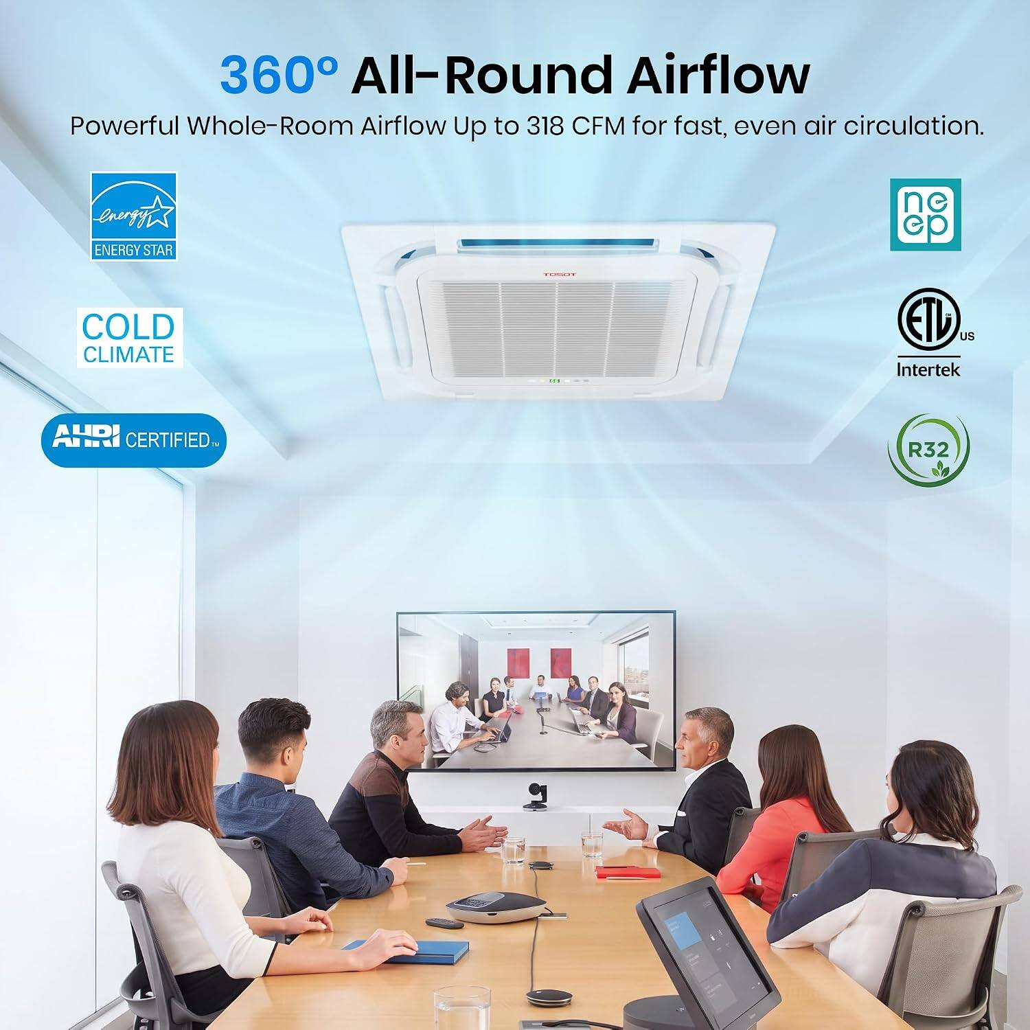 360° All-Round Airflow  
Powerful Whole-Room Airflow Up to 318 CFM for fast, even air circulation.  

- ENERGY STAR  
- COLD CLIMATE  
- AHRI CERTIFIED™  
- Intertek  
- R32
