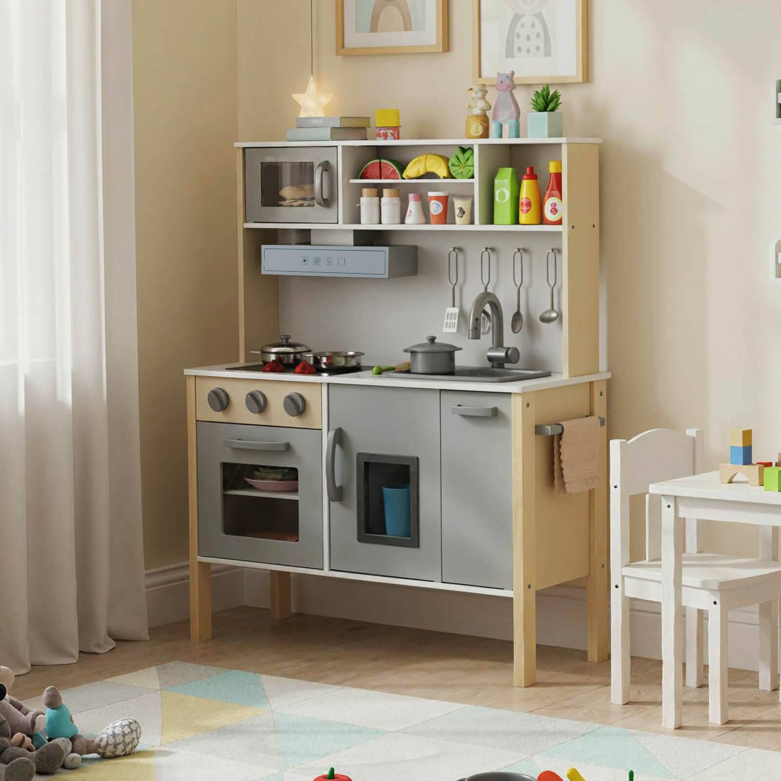 Alt View 1. Costway - Costway Kids Kitchen Playset Wooden Pretend Play Chef Toy with Microwave & Accessories - Gray.