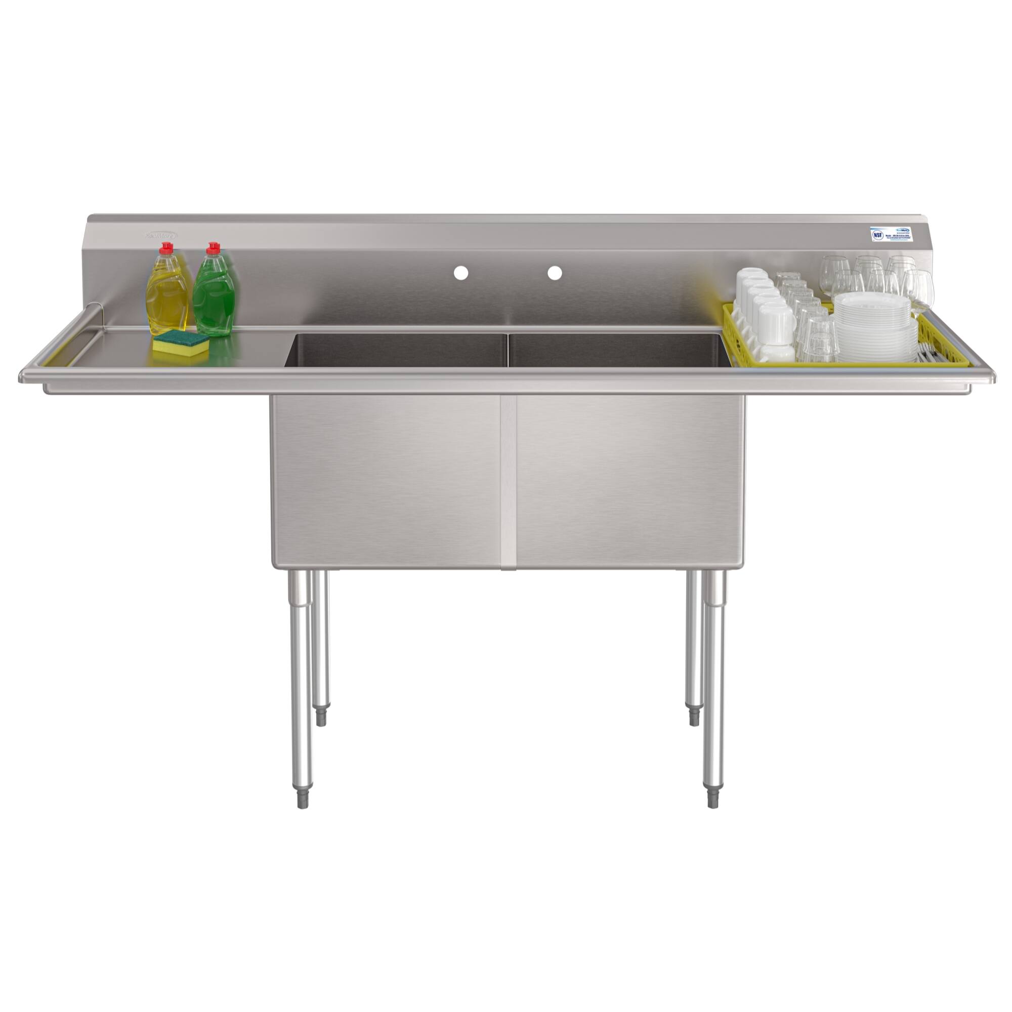 Front. Koolmore - 72 in. 18-Gauge 2-Compartment Sink with Backsplash and Dual 18 in. Drainboards, Bowl Dimensions 18"x18"x14" - Stainless Steel.