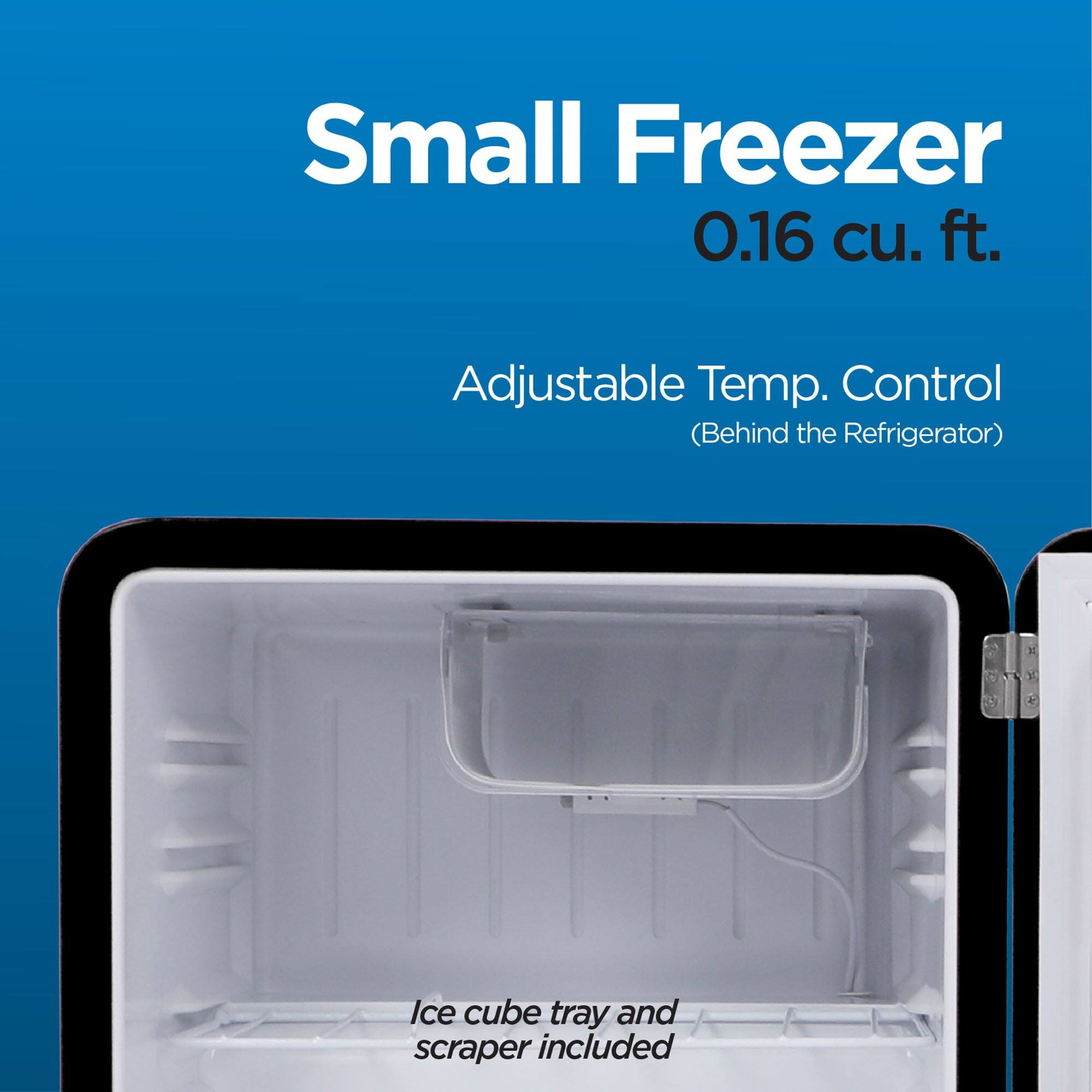 Small Freezer 0.16 cu. ft. Adjustable Temp. Control (Behind the Refrigerator) : Ice cube tray and scraper included.