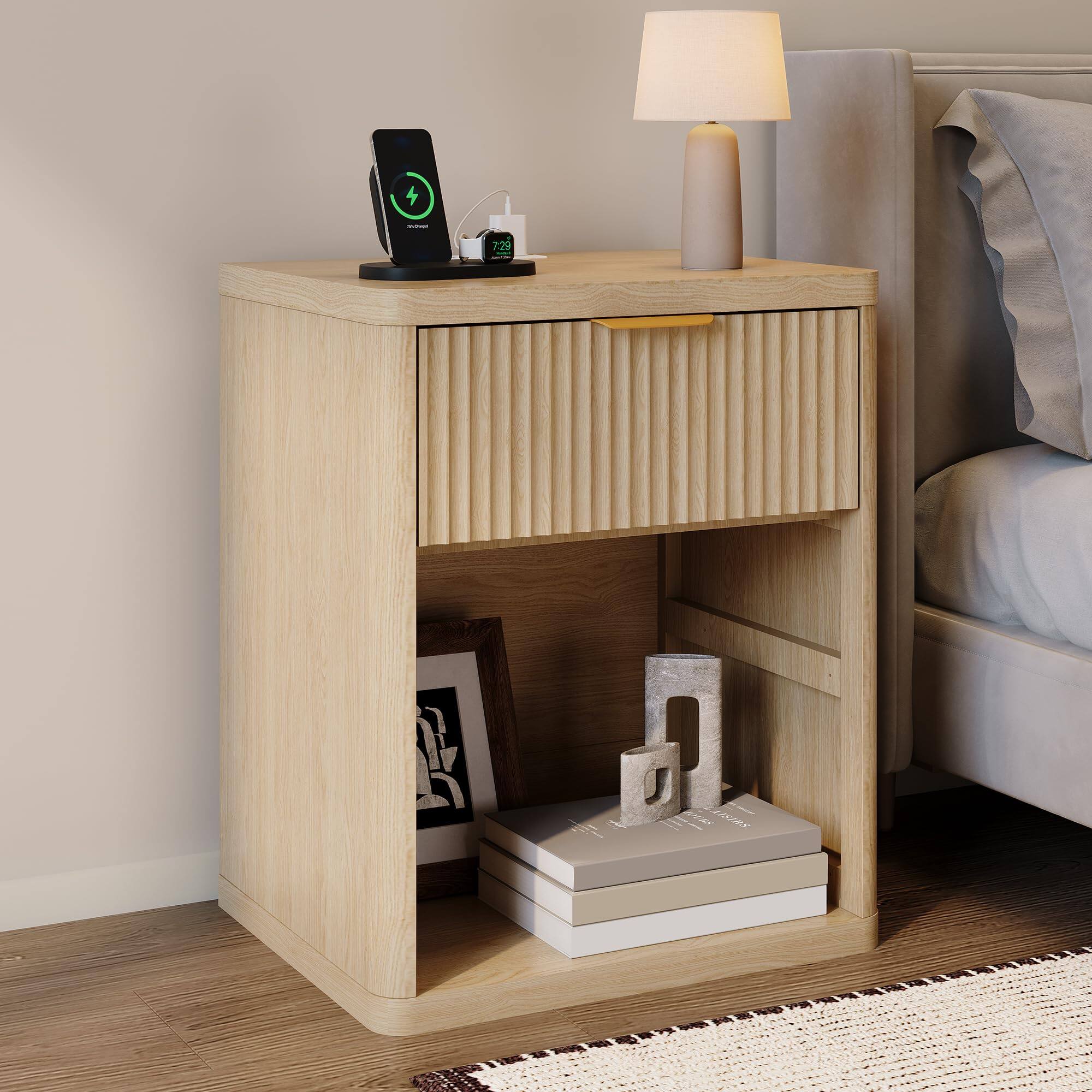 Front. Babevy - Fluted Nightstand with Charging Station – Modern Bedside Table with Drawers & Open Storage, Metal Handles - Natural(1 Drawer).