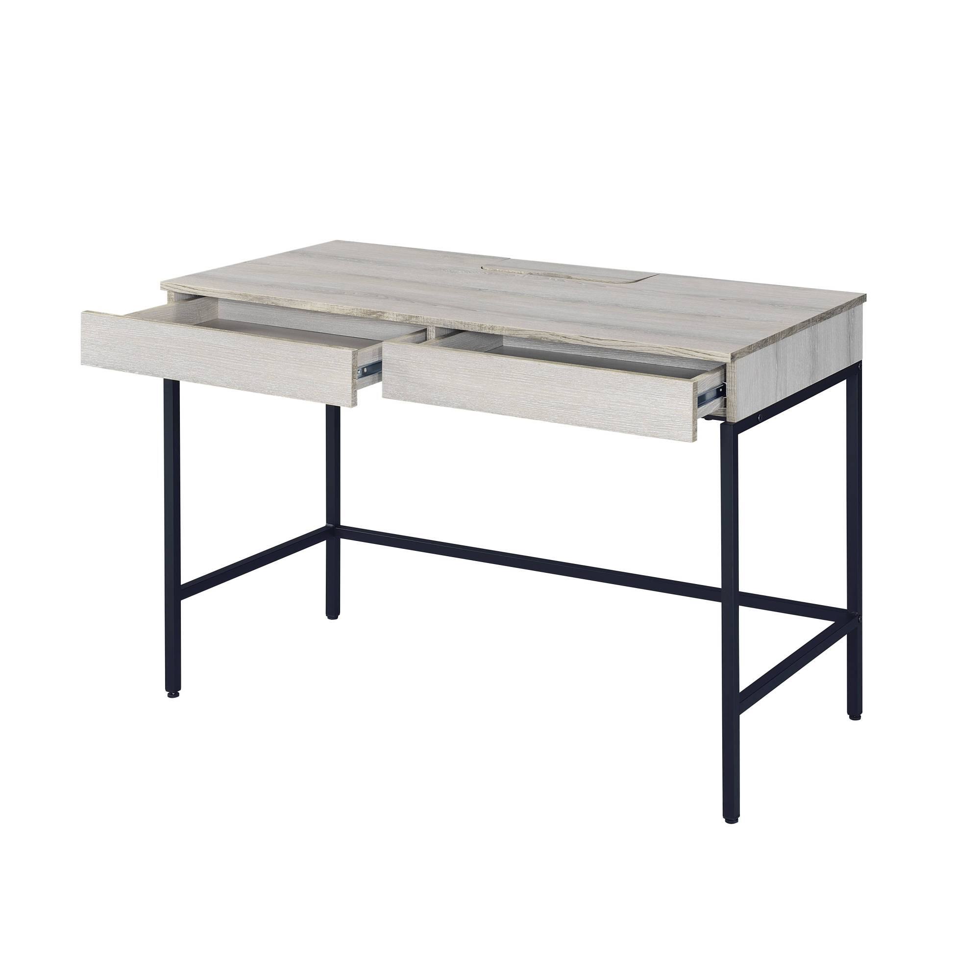 Alt View 4. GOODSILO - Modern Writing Desk with Storage Drawers and USB Power Dock in Natural Wood and Black Metal Finish - Black+Natural.