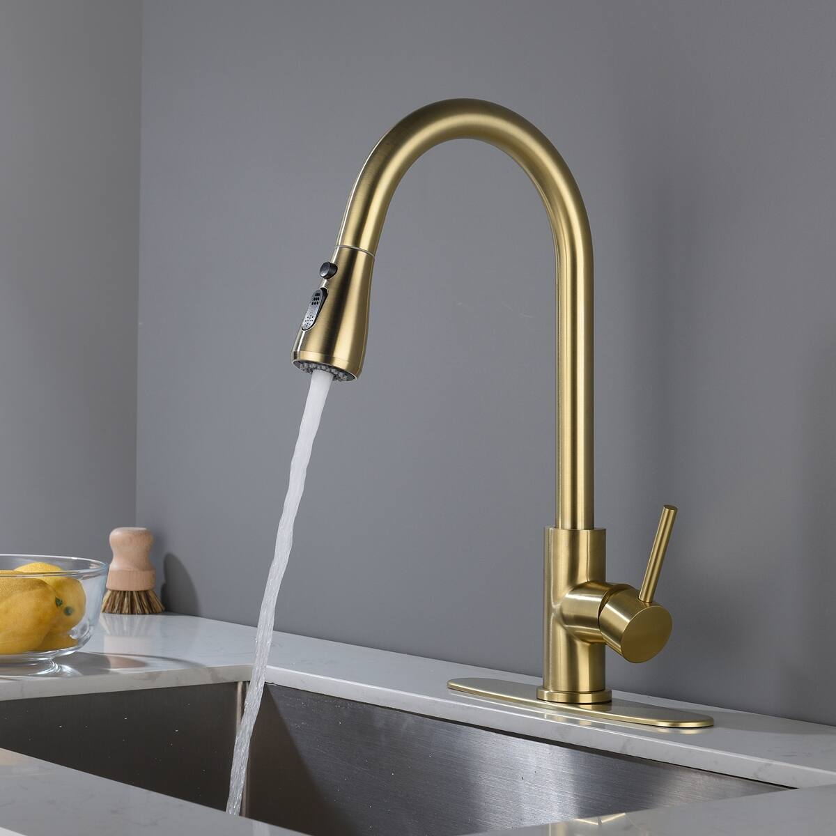 Back. Ropilly - Ropilly Single Handle Kitchen Sink Faucet, Brushed Gold Pull Down Sprayer Faucet with High Arc Swivel Spout - Brushed Gold.