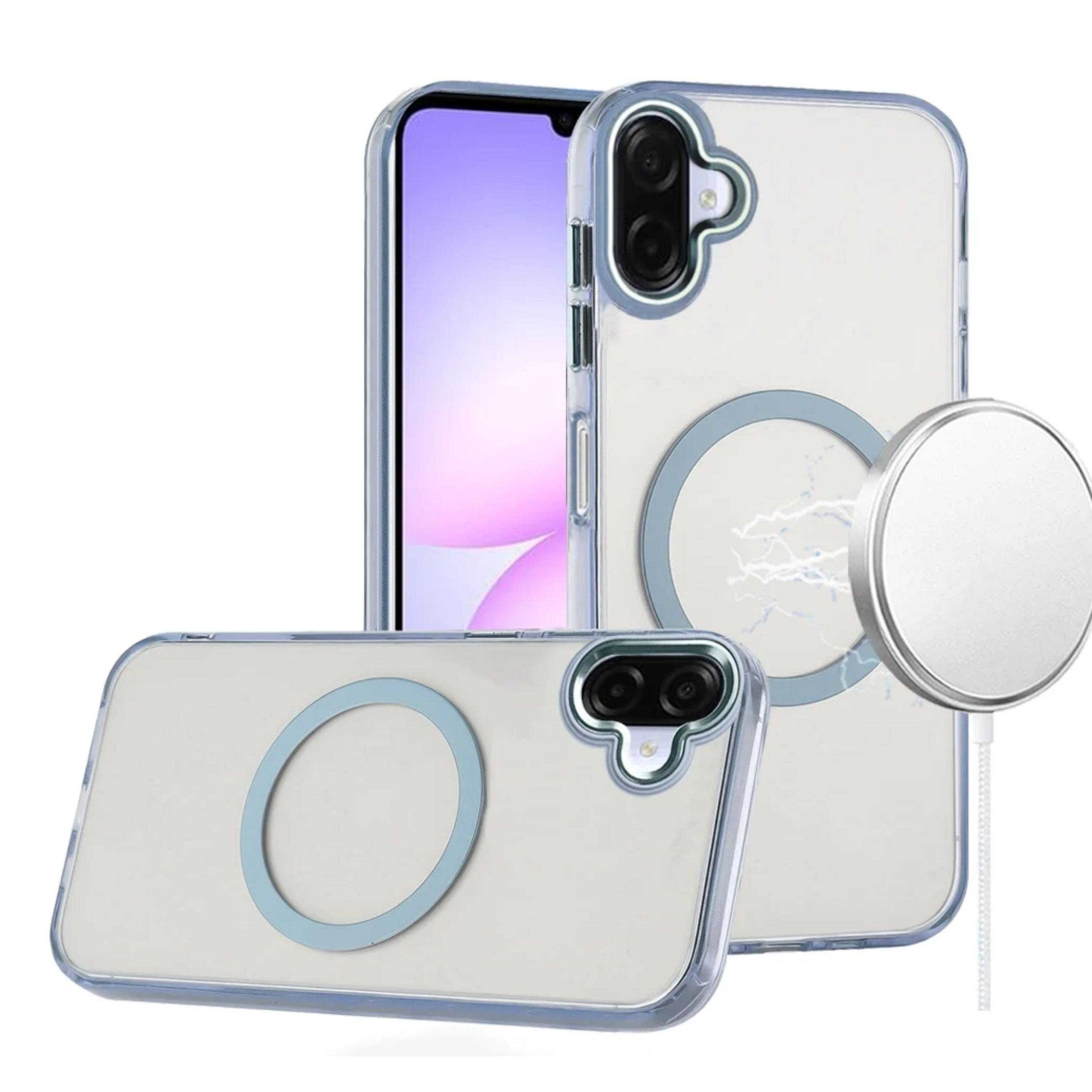 Angle. Kitcheniva - Trans-Clear Metal Buttons  Raised Camera Bezel Phone Case With Tempered Glass For Samsung Galaxy A07 Light Blue - Light Blue.