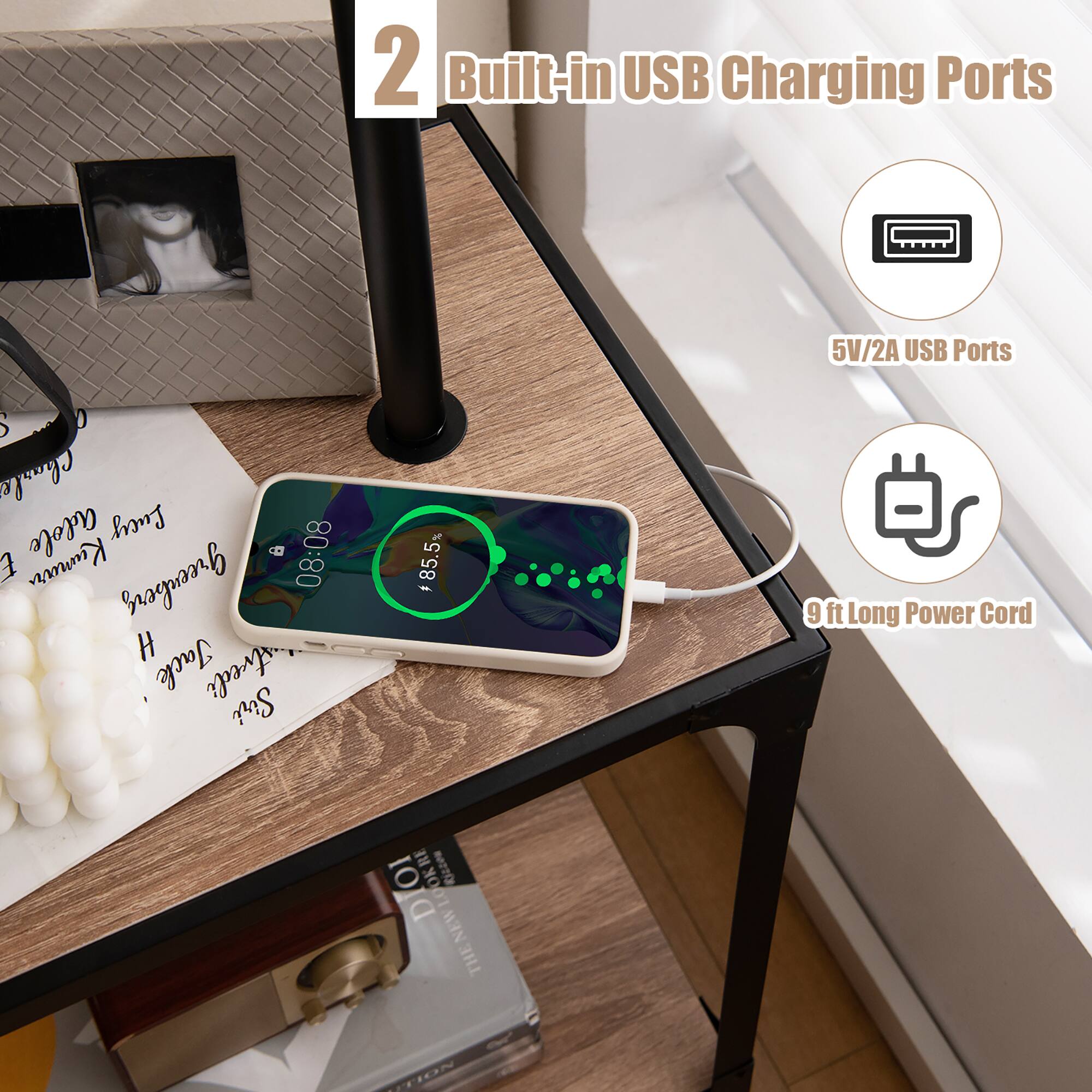 2 Built-in USB Charging Ports

5V/2A USB Ports

9 ft Long Power Cord