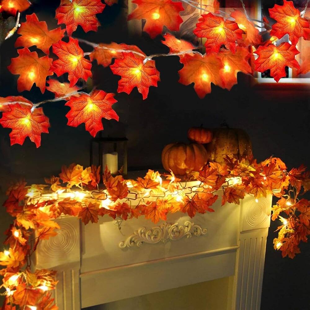 Front. PARKER SLATER - 2 Pack Fall Garland Lights 20FT 40LED, Maple Leaves, Battery Operated - Orange, Yellow.