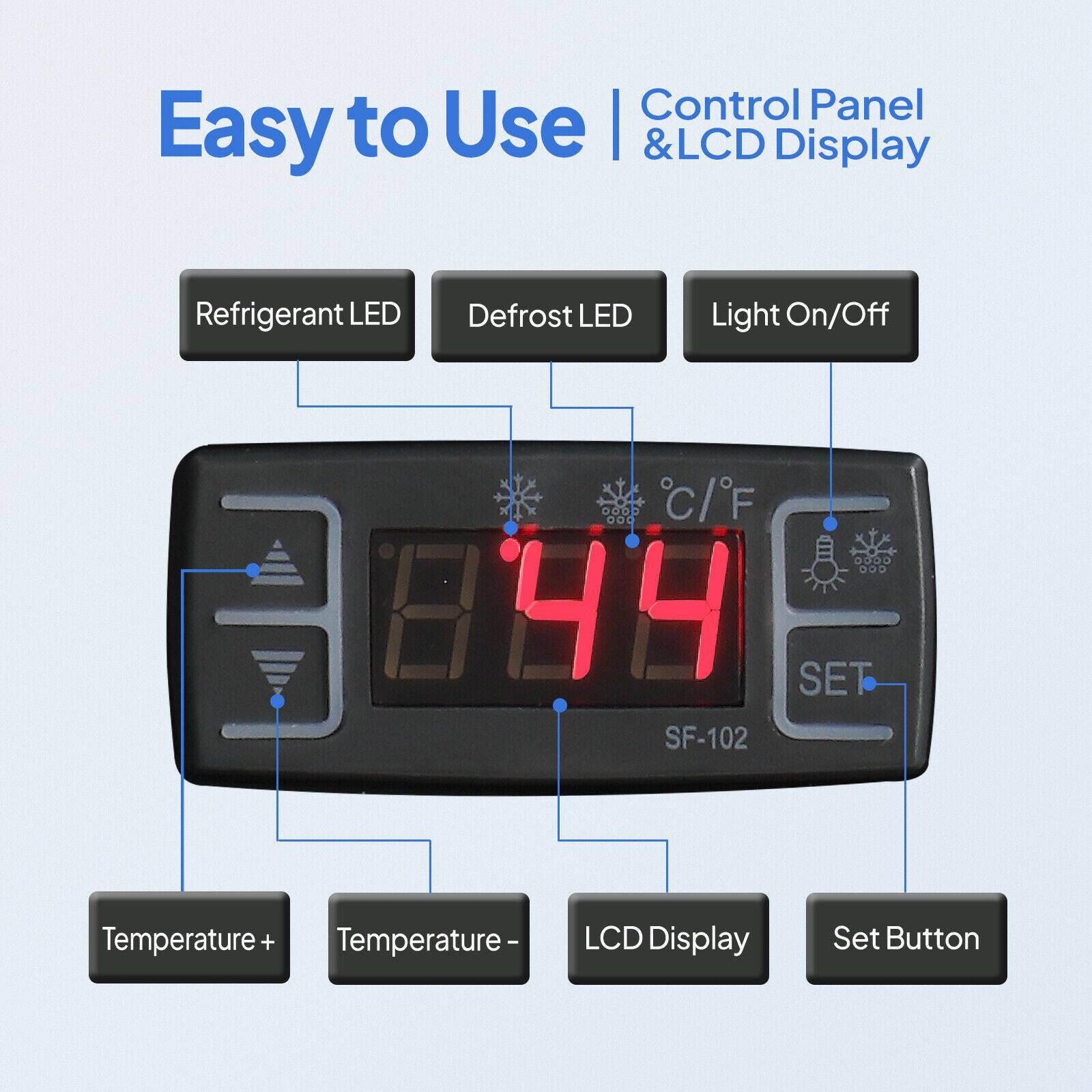 Easy to Use | Control Panel & LCD Display

- Refrigerant LED
- Defrost LED
- Light On/Off
- Temperature +
- Temperature -
- LCD Display
- Set Button