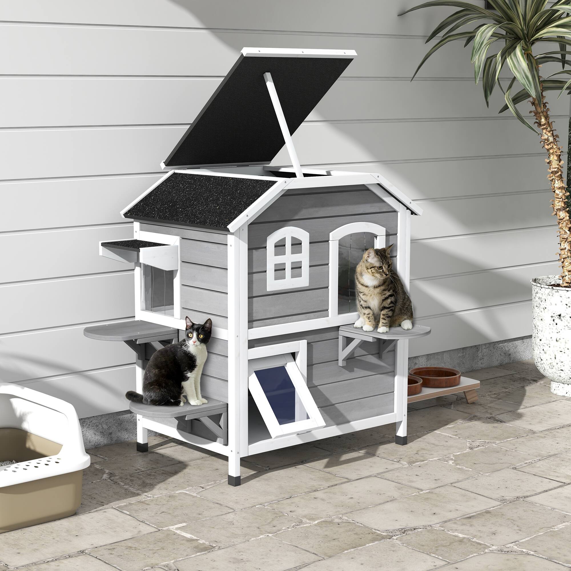 Angle. Pawhut - 2-story Outdoor Cat House, Weatherproof Wooden Enclosure for Feral Cats, Escape Door, Openable Roof, Jumping Platforms.