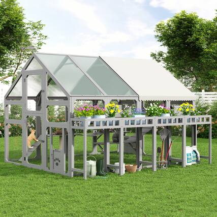 Front. Whisen - Large Outdoor Cat Enclosure,Walk-In Catio with Planter Stand,Platforms,Houses and Bridge - Gray.