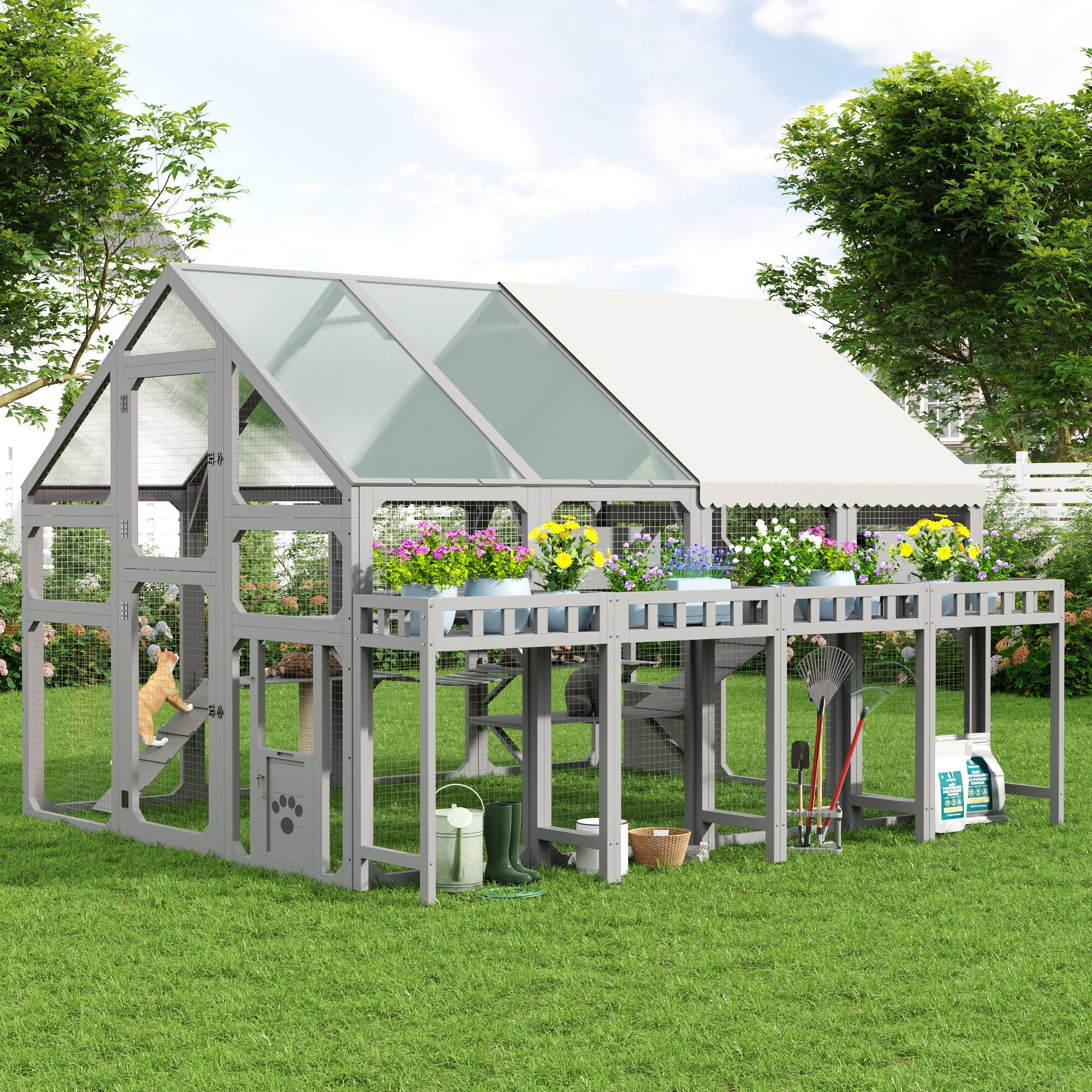 Front. Whisen - Large Outdoor Cat Enclosure,Walk-In Catio with Planter Stand,Platforms,Houses and Bridge - Gray.