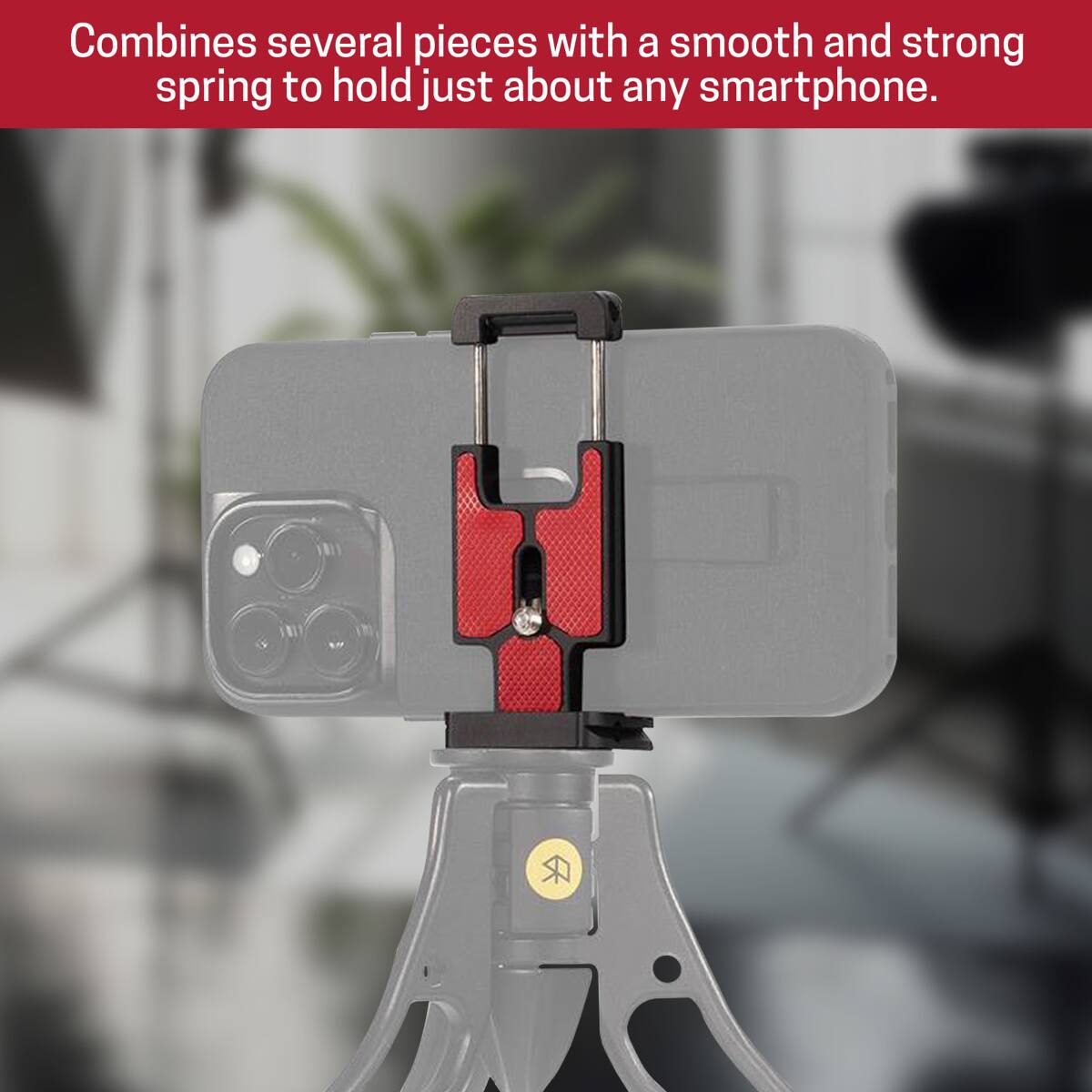Combines several pieces with a smooth and strong spring to hold just about any smartphone.