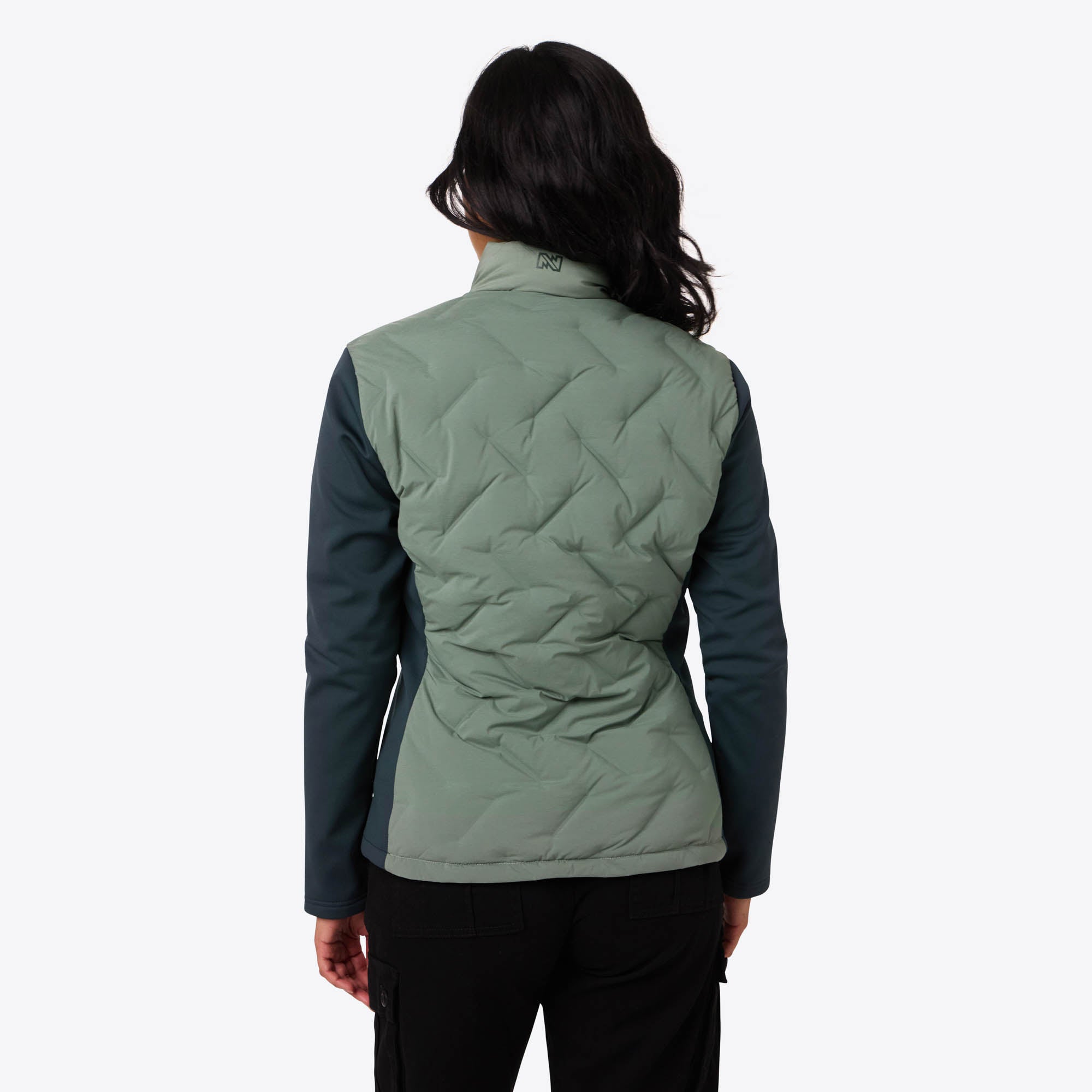 Back. Mobile Warming - App Controlled Women's Aria Hybrid Heated Jacket - Sage/Olive.