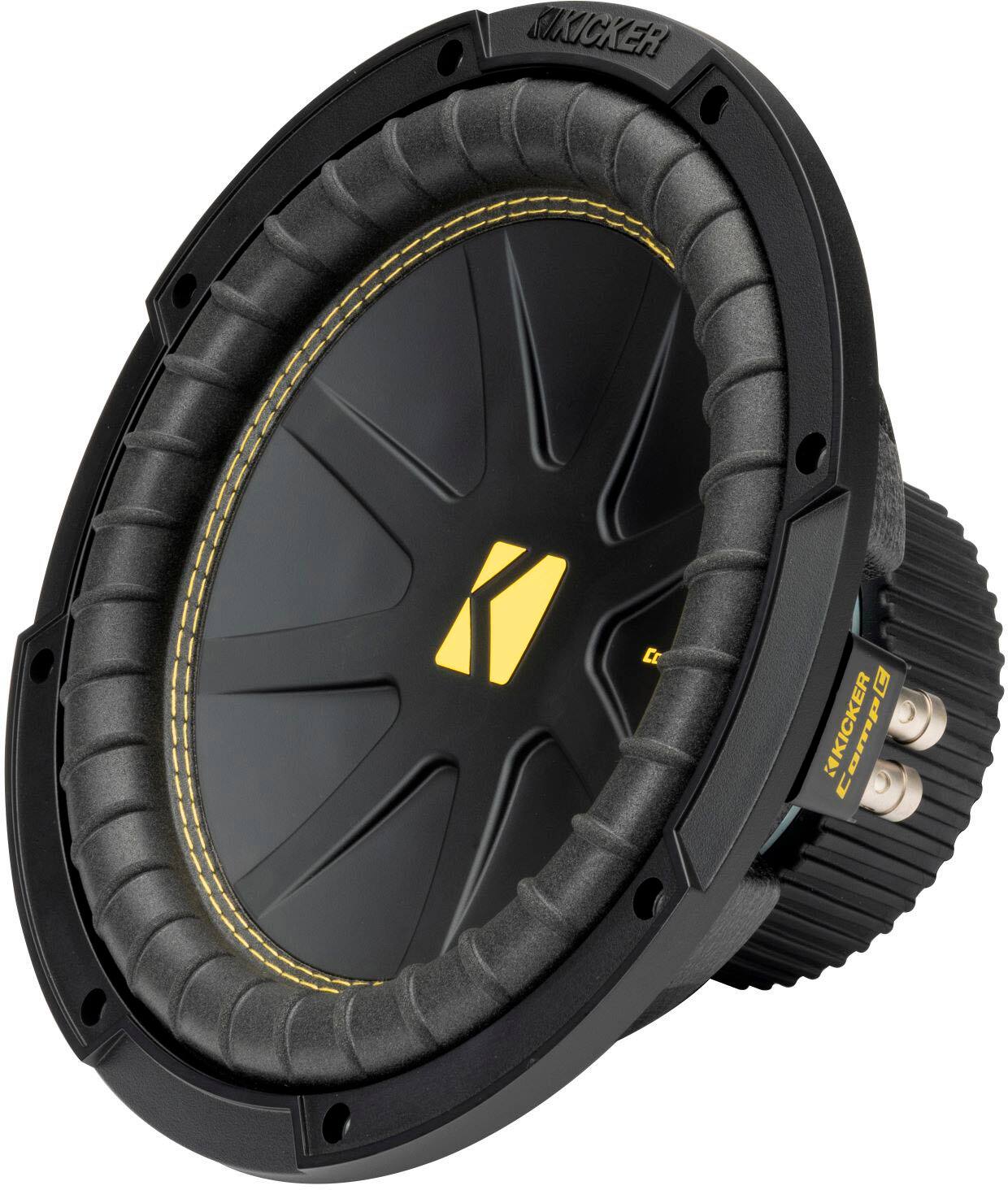 Kicker is a brand of speaker that is known for producing high-quality audio equipment. The image shows a close-up of a Kicker speaker, which is black and yellow in color. The speaker is designed to provide an enhanced audio experience for users, making it a popular choice for those who value sound quality.