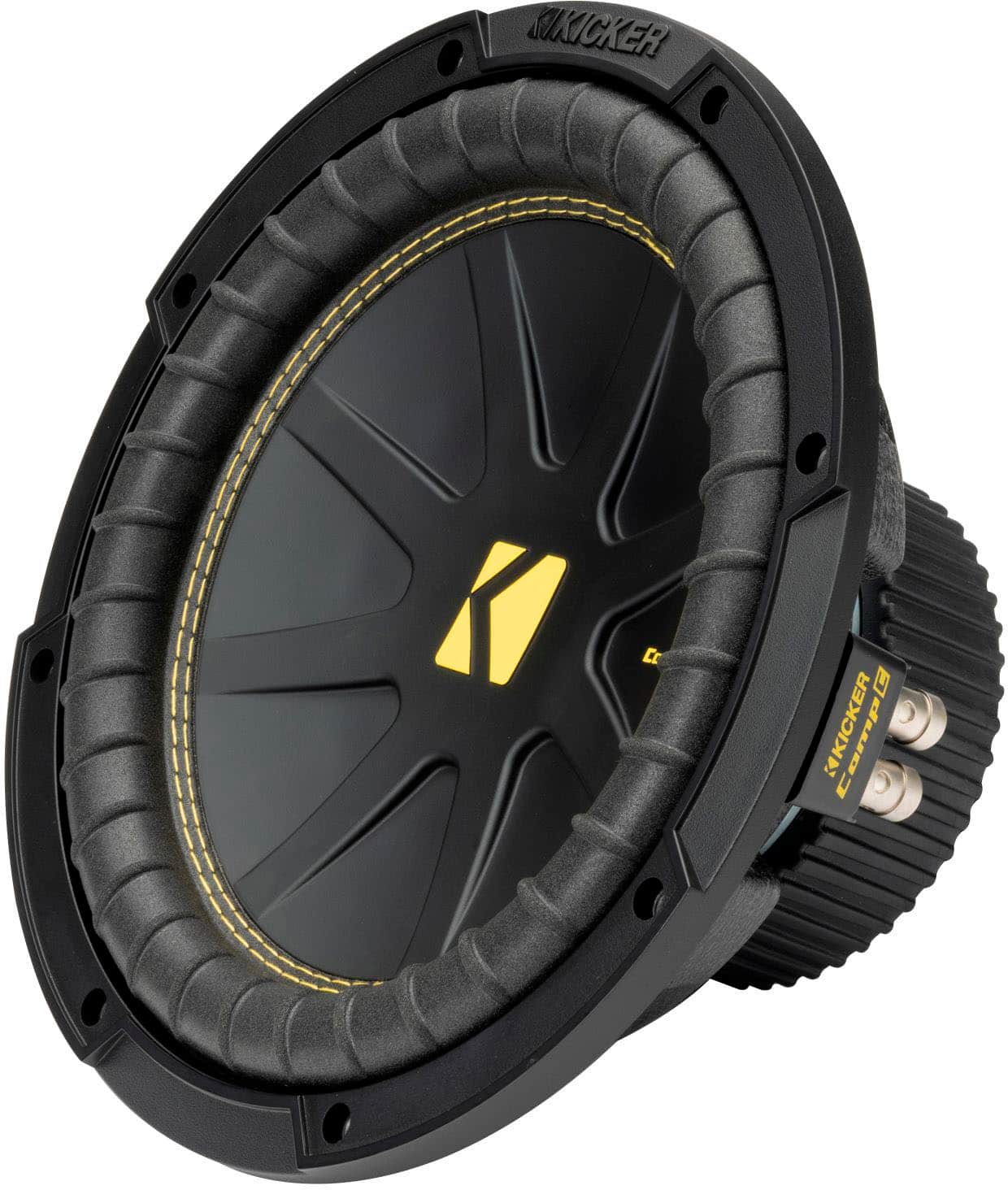 Kicker is a brand of speaker that is known for producing high-quality audio equipment. The image shows a close-up of a Kicker speaker, which is black and yellow in color. The speaker is designed to provide an enhanced audio experience for users, making it a popular choice for those who value sound quality.