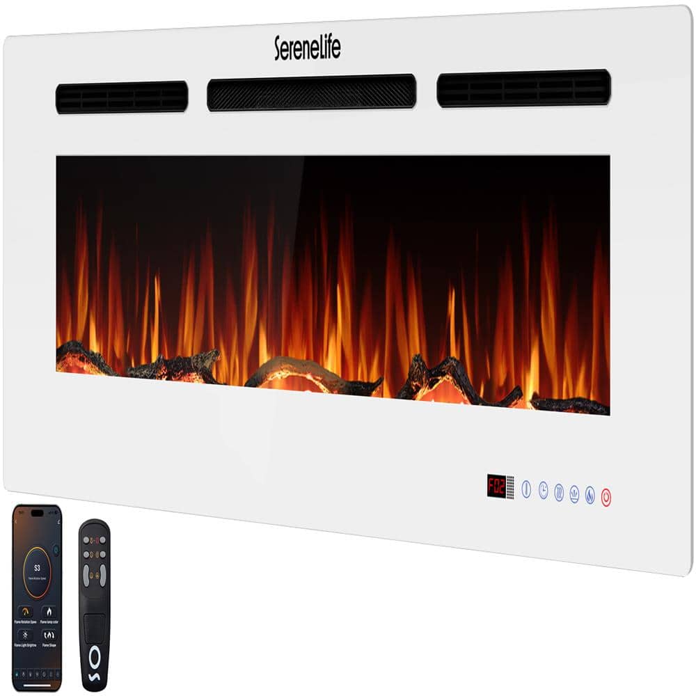 SereneLife - 50 Inch Electric Fireplace Heater with LED Flame, Smart Wi-Fi, Remote, Thermostat, 13 Color Modes