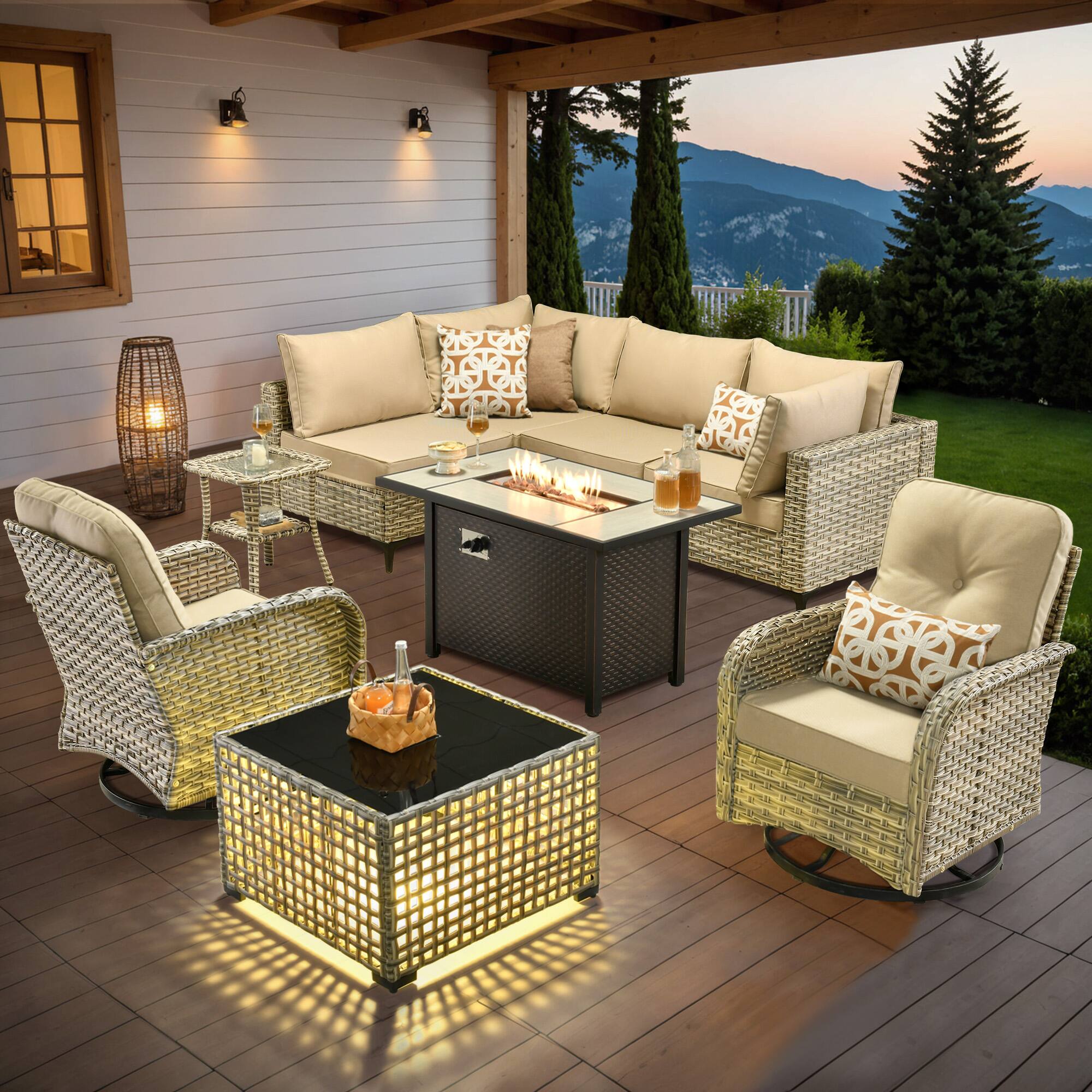 Ovios - 9 PCS Patio Furniture with 42" Fire Pit, All-Weather Rattan Sectional Sofa, Swivel Chair & Solar Table for Backyard - Beige