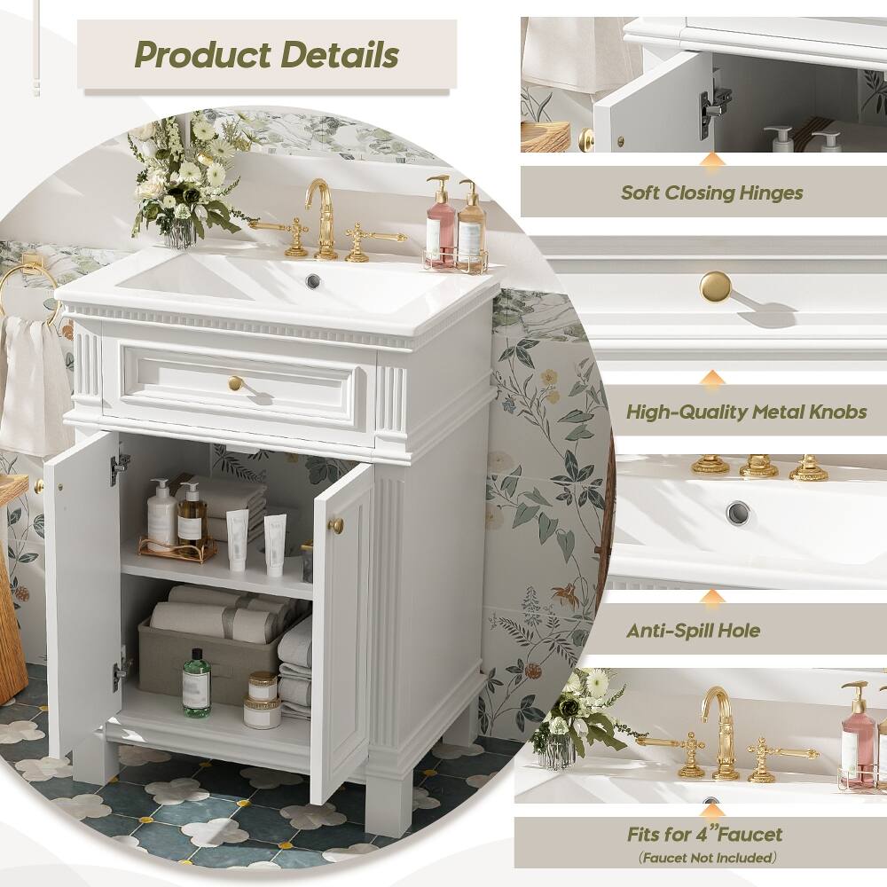 Product Details
- Soft Closing Hinges
- High-Quality Metal Knobs
- Anti-Spill Hole
- Fits for 4" Faucet (Faucet Not Included)