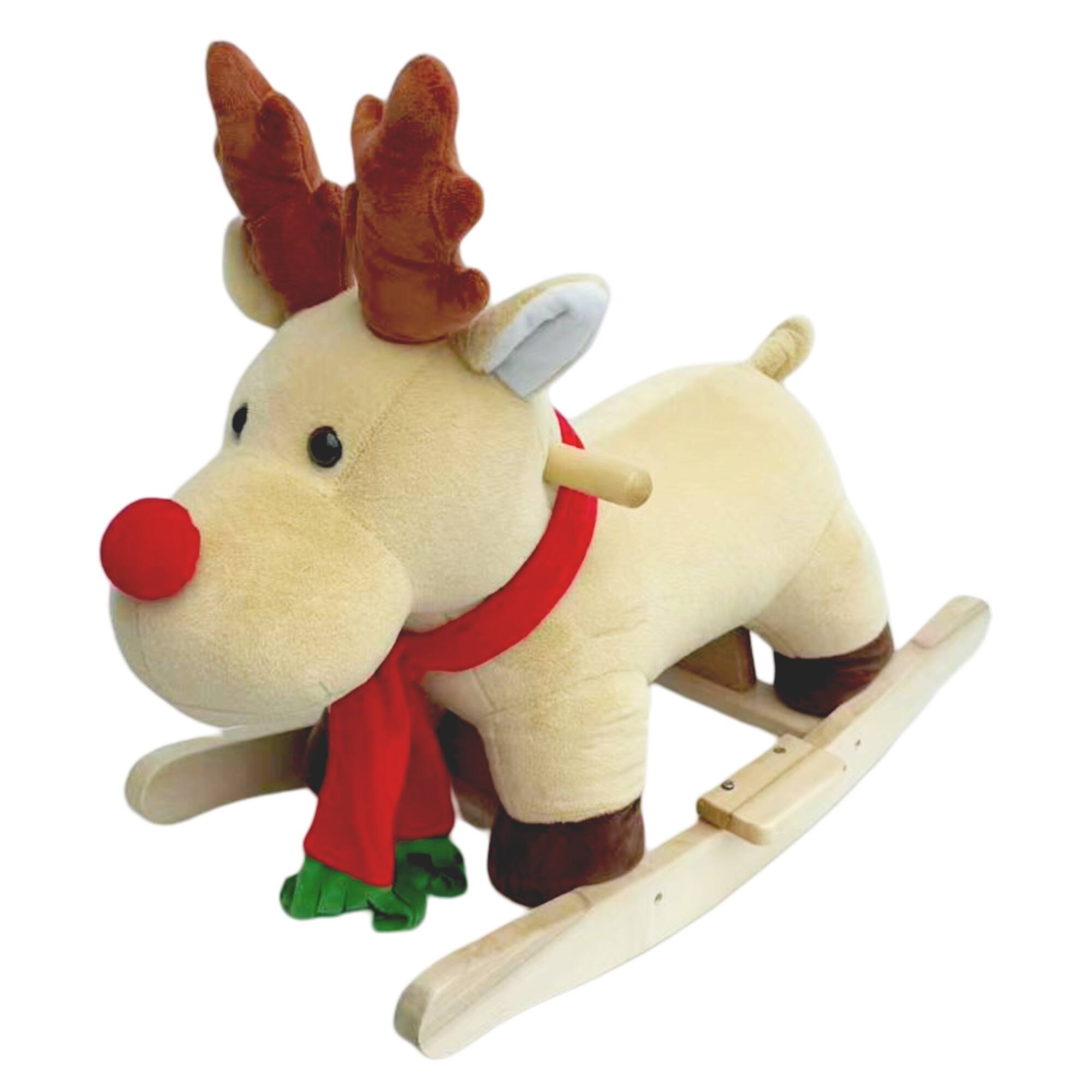 Angle. Whisen - Plush Moose Rocking Horse Toy for Toddlers with Music,Safety Belt,Hand Puppets and Steel Frame - Apricot.