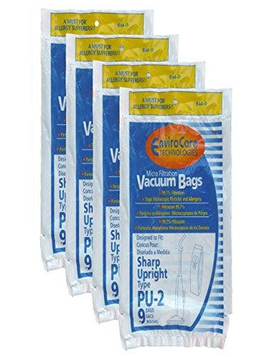 A MUST FOR ALLERGY SUFFERERS!!  
844-5  

EnviroCare Technologies  
Micro Filtration Vacuum Bags  
99.9% Filtration  
Filters Microscopic Particles and Allergens  

Designed to Fit  
Sharp Upright Type PU-2  

9 BAGS  
9 SACS  
9 BOLSAS