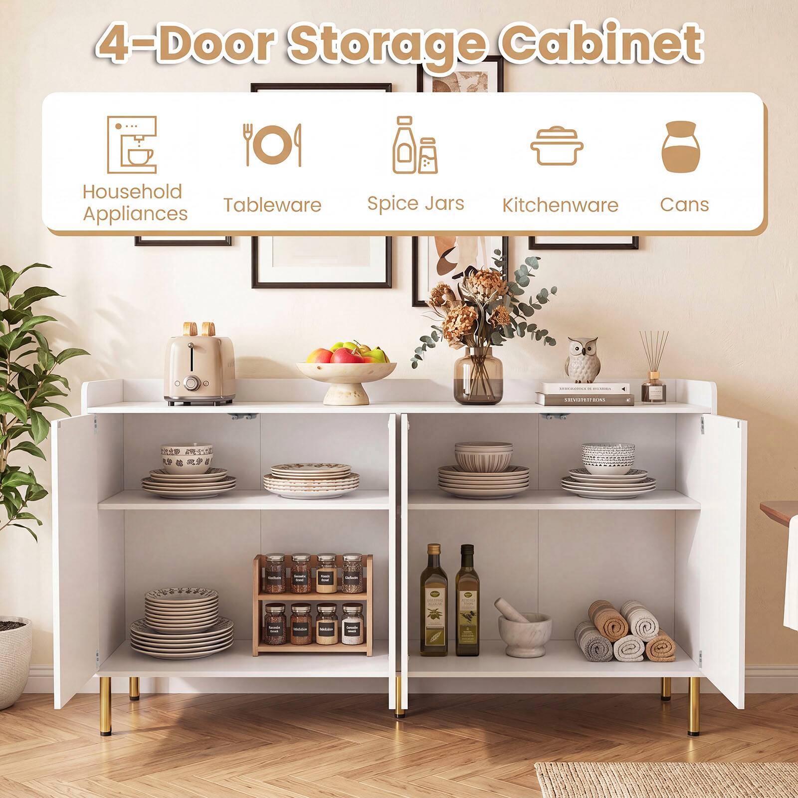 4-Door Storage Cabinet Household Tableware Appliances Spice Jars Kitchenware Cans EA