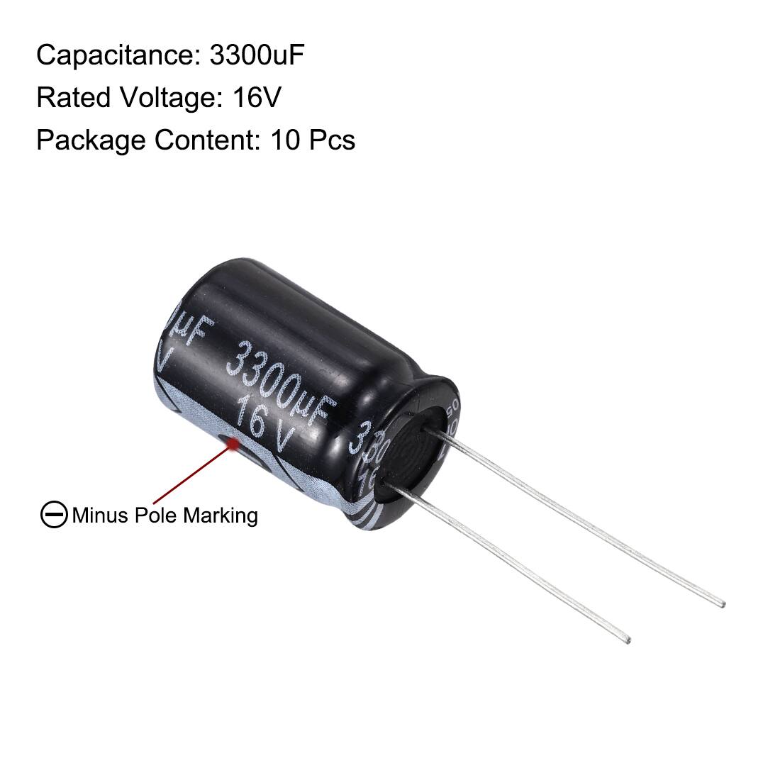 Capacitance: 3300uF  
Rated Voltage: 16V  
Package Content: 10 Pcs  

UF V 3300ME 16V 3.30 16 - Minus Pole Marking 90