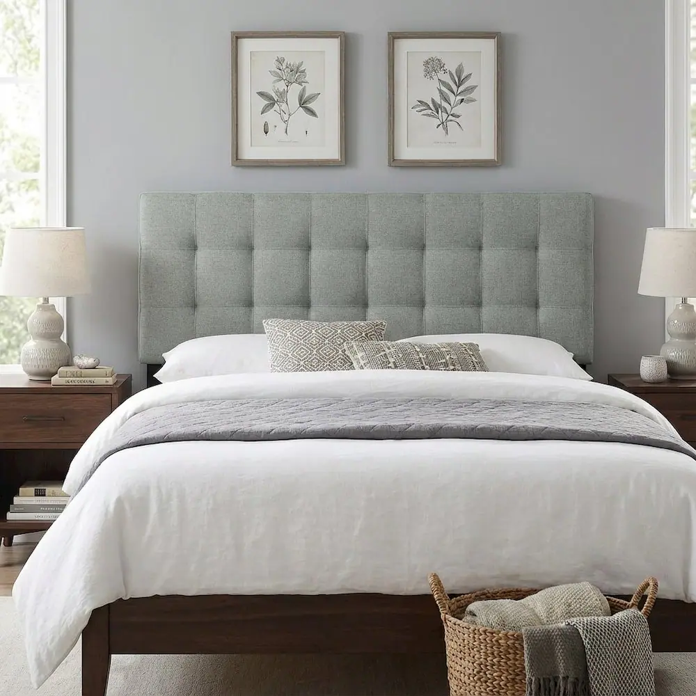 Left. FurniFact - Upholstered Fabric Full Headboard with Padded Design and Elegant Finish - Gray.