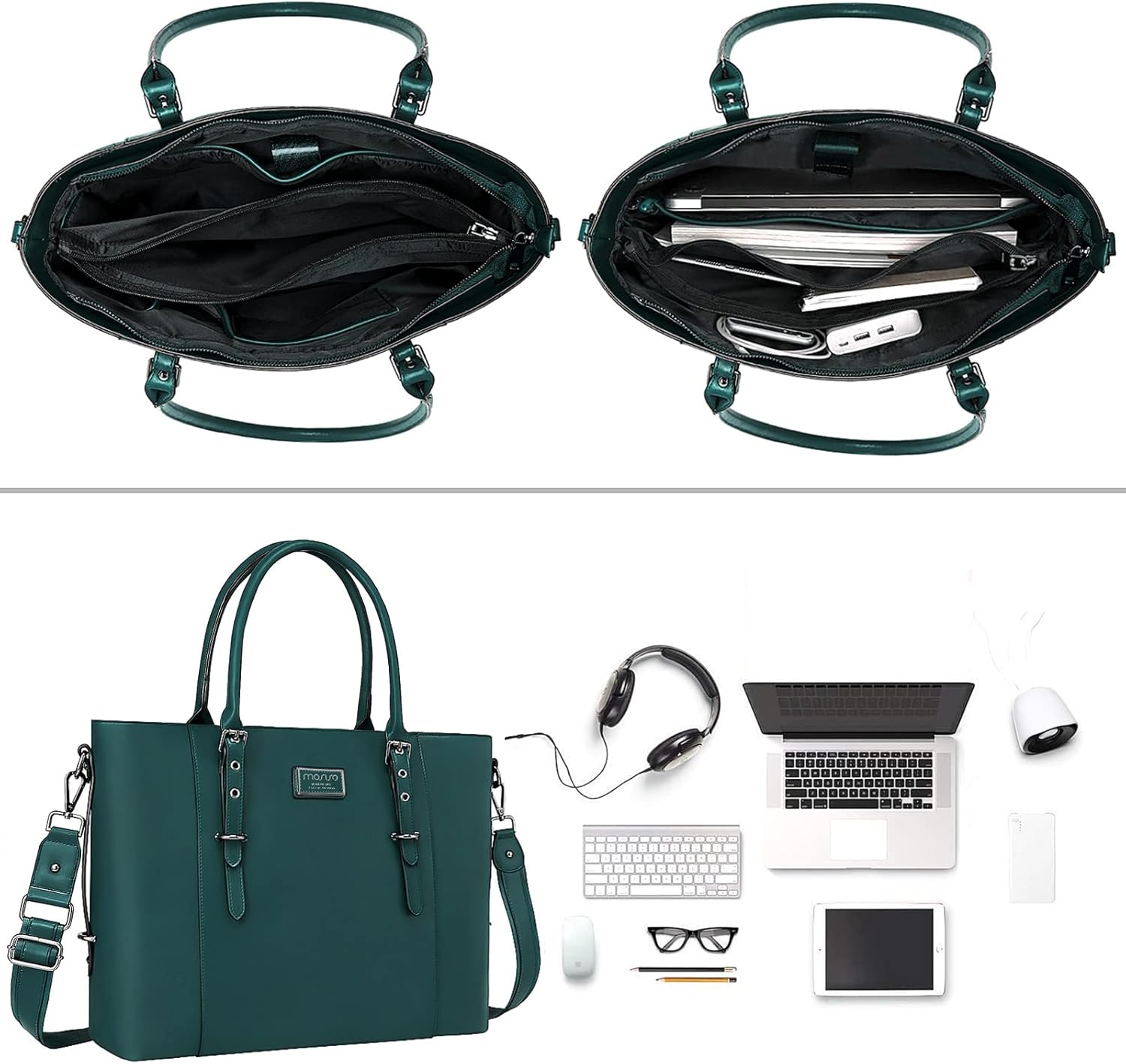 Left. mosiso - Waterproof PU Leather Laptop Bag for Women 17.3 Inch, Vintage Briefcase Shoulder Tote Computer Bag for Work & Office - Deep Teal.