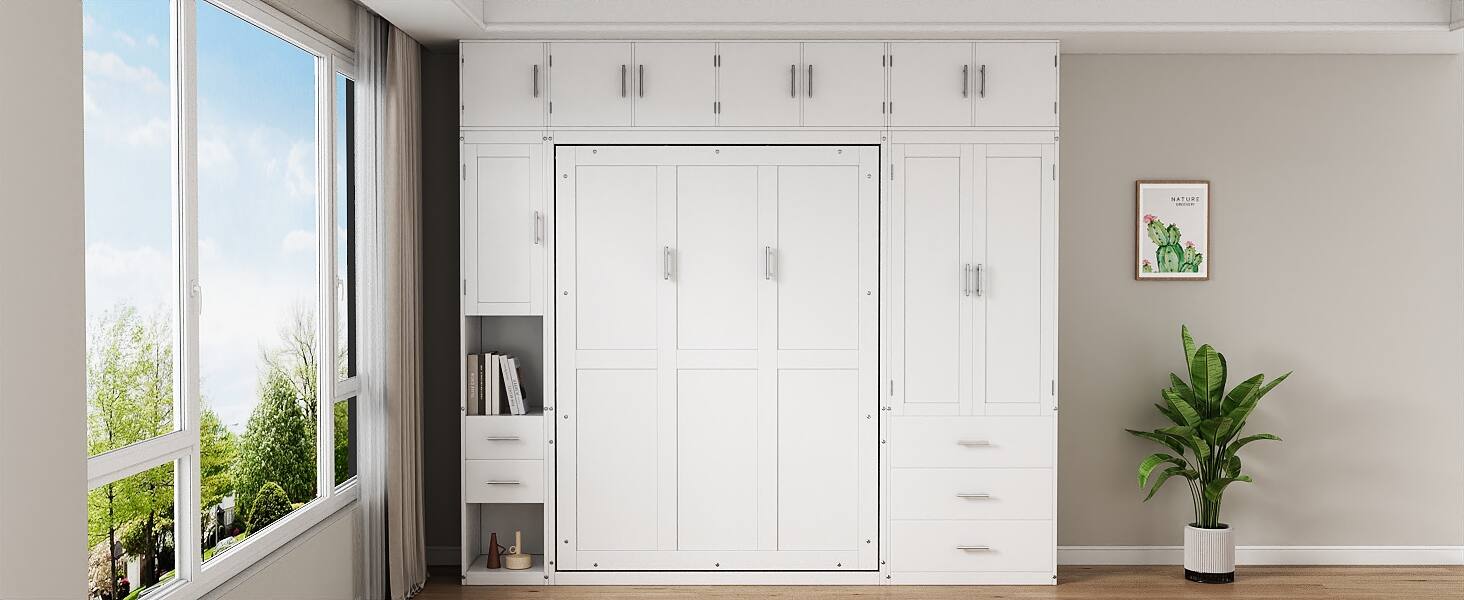 Alt View 4. Tiramisubest - Full Size White Murphy Bed with Lockers and Wardrobes, Solid Wood+MDF, Space-saving, Installation Video - White.