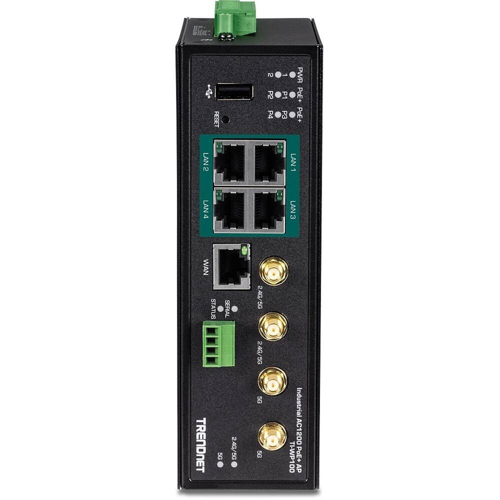 TRENDNET  
Industrial AC1200 PoE+ AP  
2.4G/5G  
2.4G/5G  
2.4G/5G  
5G  
5G  

RESET  
LAN 1  
LAN 2  
LAN 3  
LAN 4  
WAN  
STATUS  
SERIAL  

PWR  
PoE+  
PoE+  
PoE+  

24G/5G  
24G/5G  
24G/5G  
5G  
5G  
5G